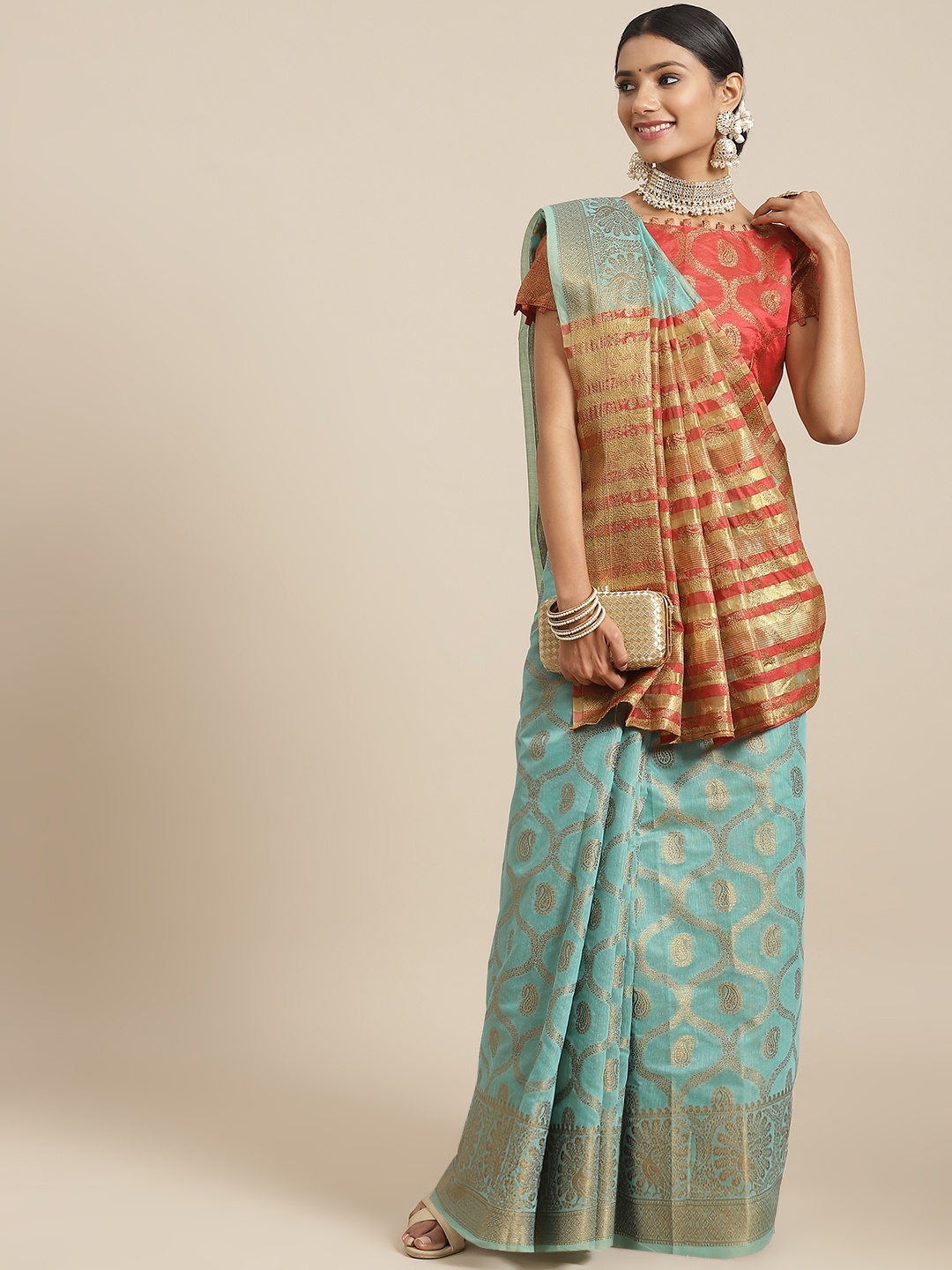 

Satrani Turquoise Blue & Gold-Toned Woven Design Zari Jacquard Banarasi Saree