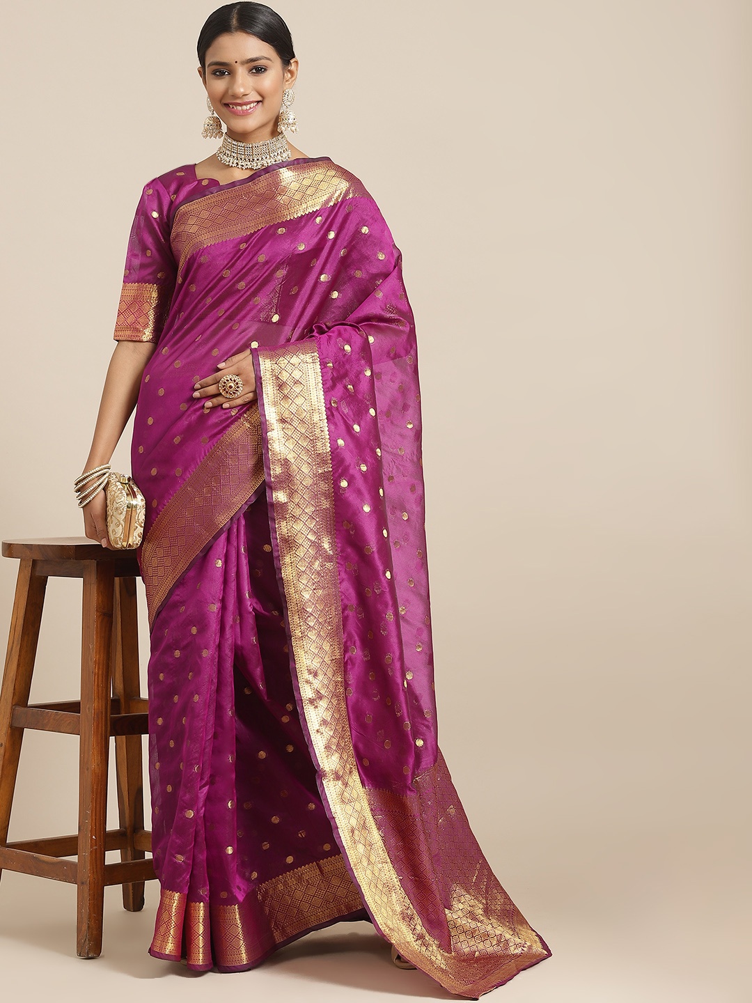 

Satrani Purple Woven Design Zari Jacquard Chanderi Silk Banarasi Saree