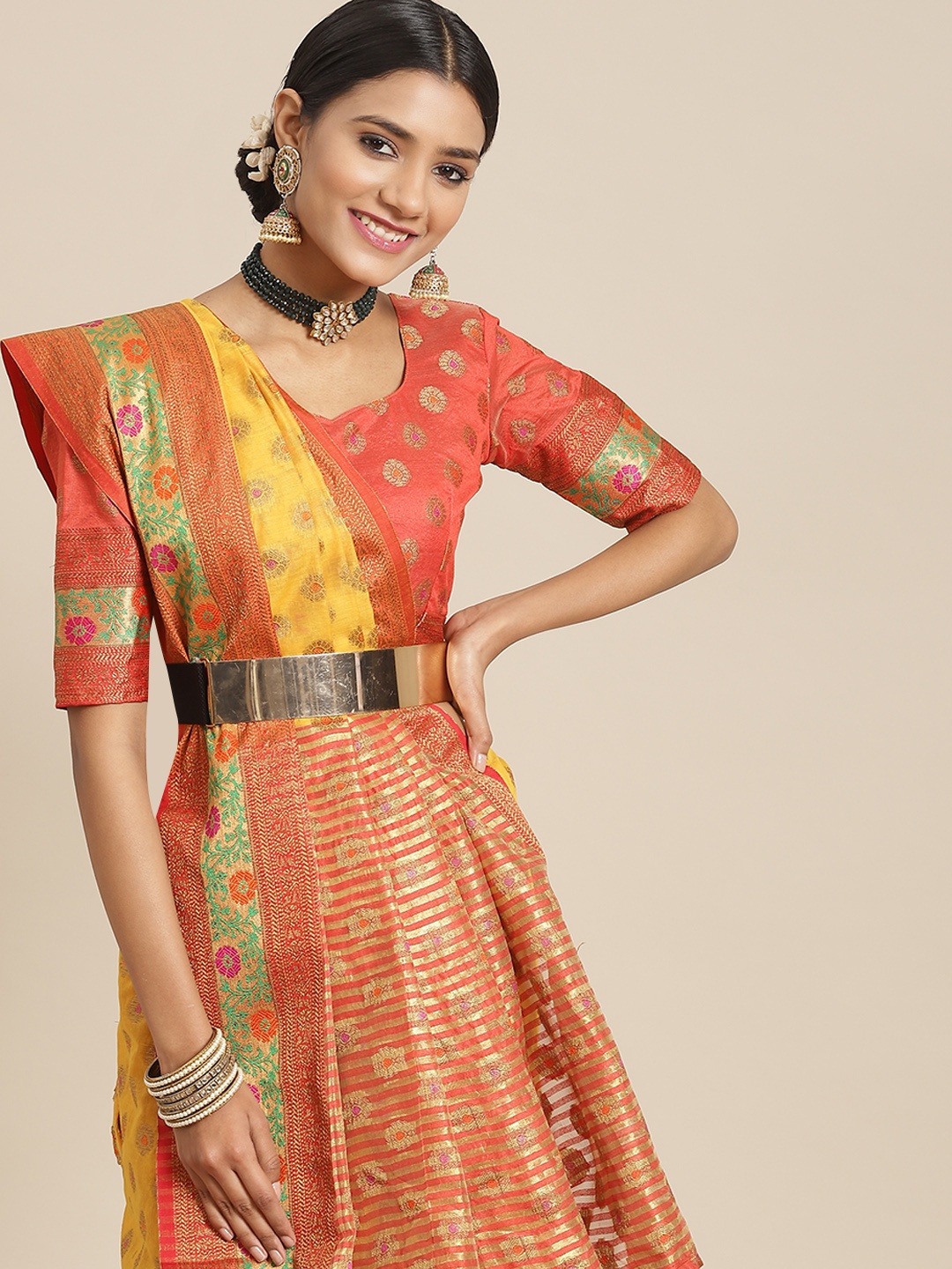 

Satrani Yellow & Orange Woven Design Zari Jacquard Banarasi Saree