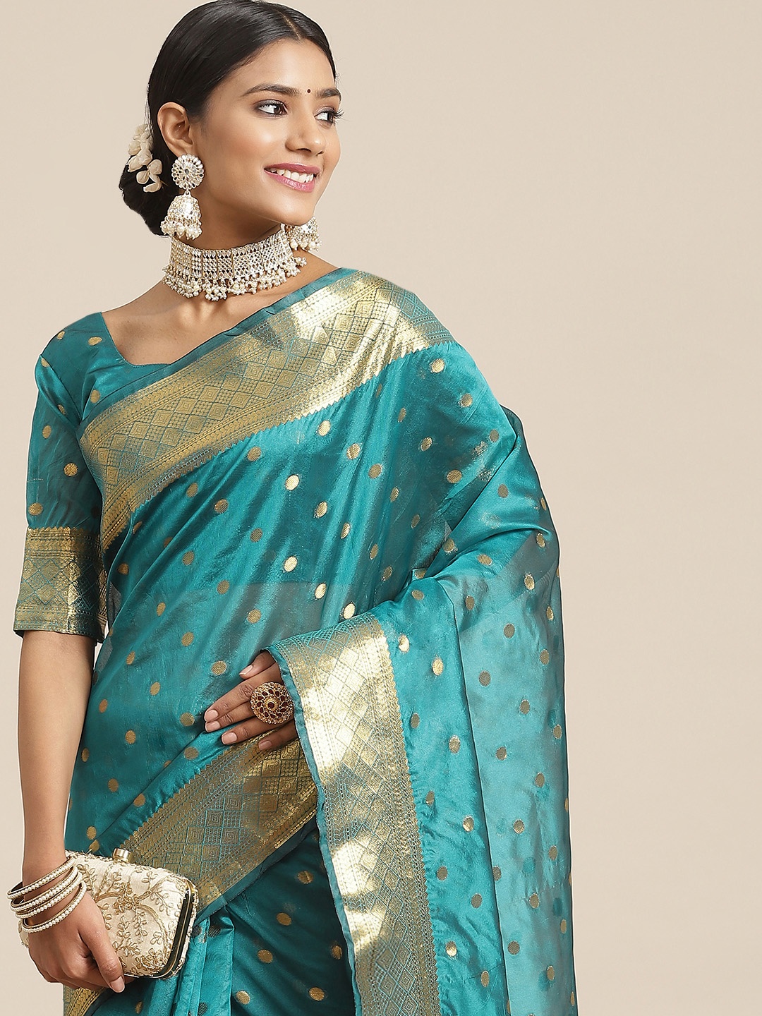 

Satrani Teal Woven Design Zari Jacquard Chanderi Silk Banarasi Saree