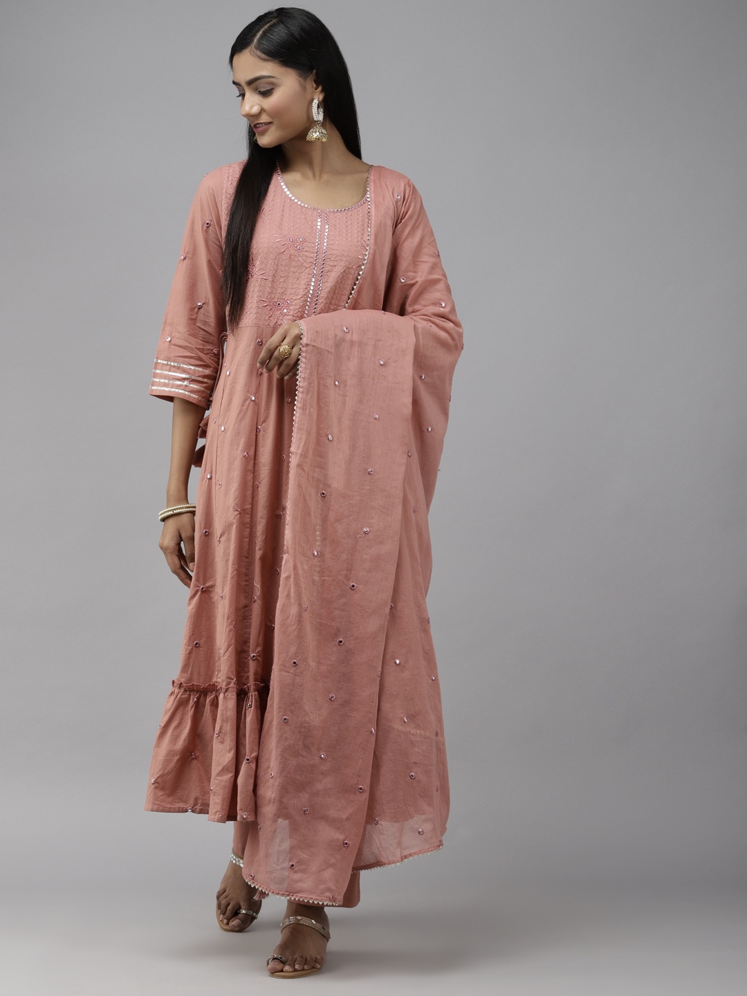 

Yufta Women Peach-Coloured Embroidered Tiered Mirror Work Pure Cotton Kurta Set