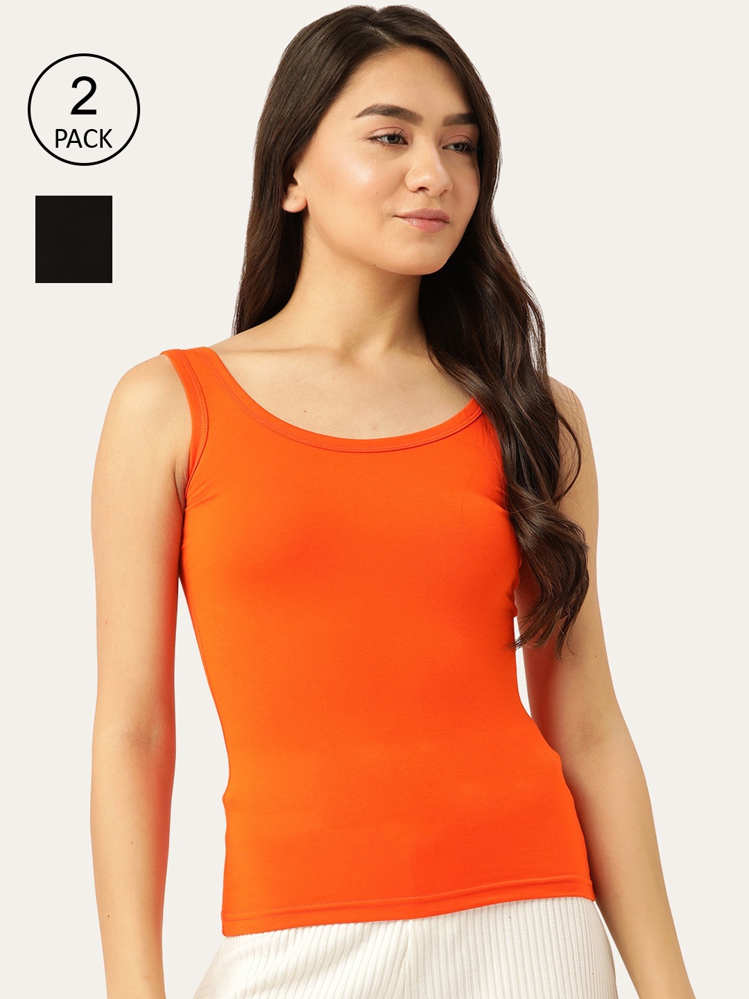 

Lady Lyka Women Orange & Black Pack of 2 Solid Non-Padded Cotton Camisoles