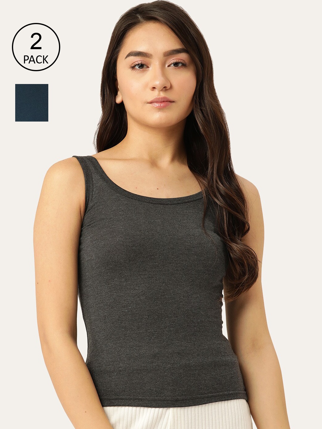 

Lady Lyka Women Charcoal Grey & Blue Pack Of 2 Solid Camisoles