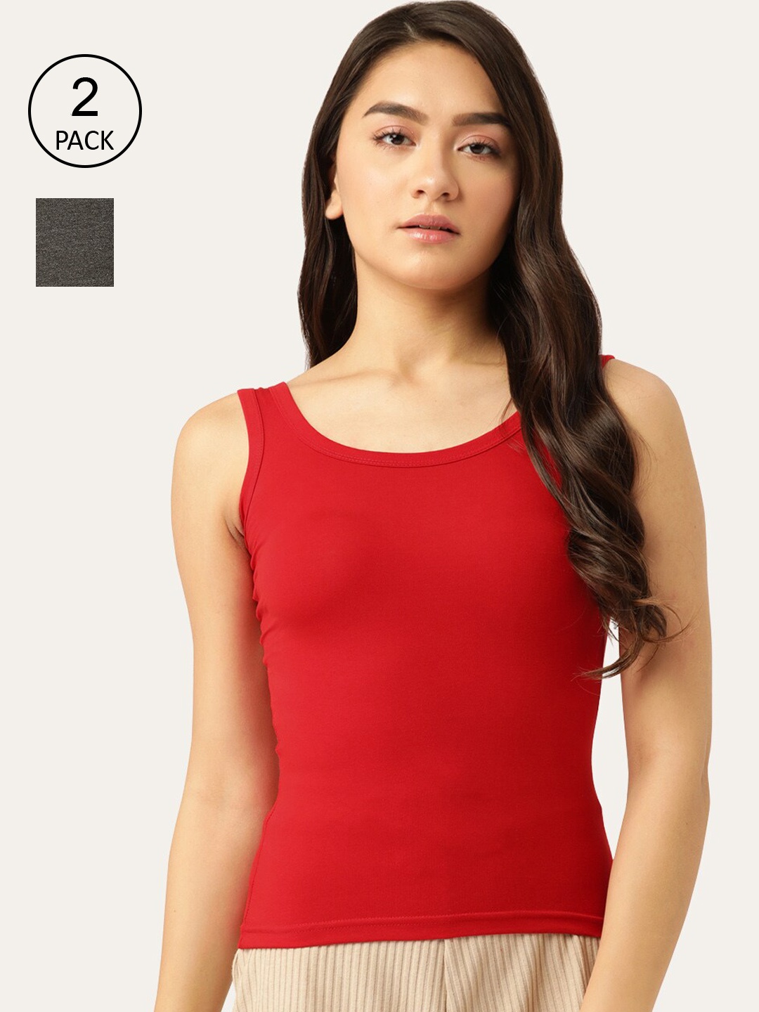 

Lady Lyka Women Red & Charcoal Pack Of 2 Solid Cotton Camisoles