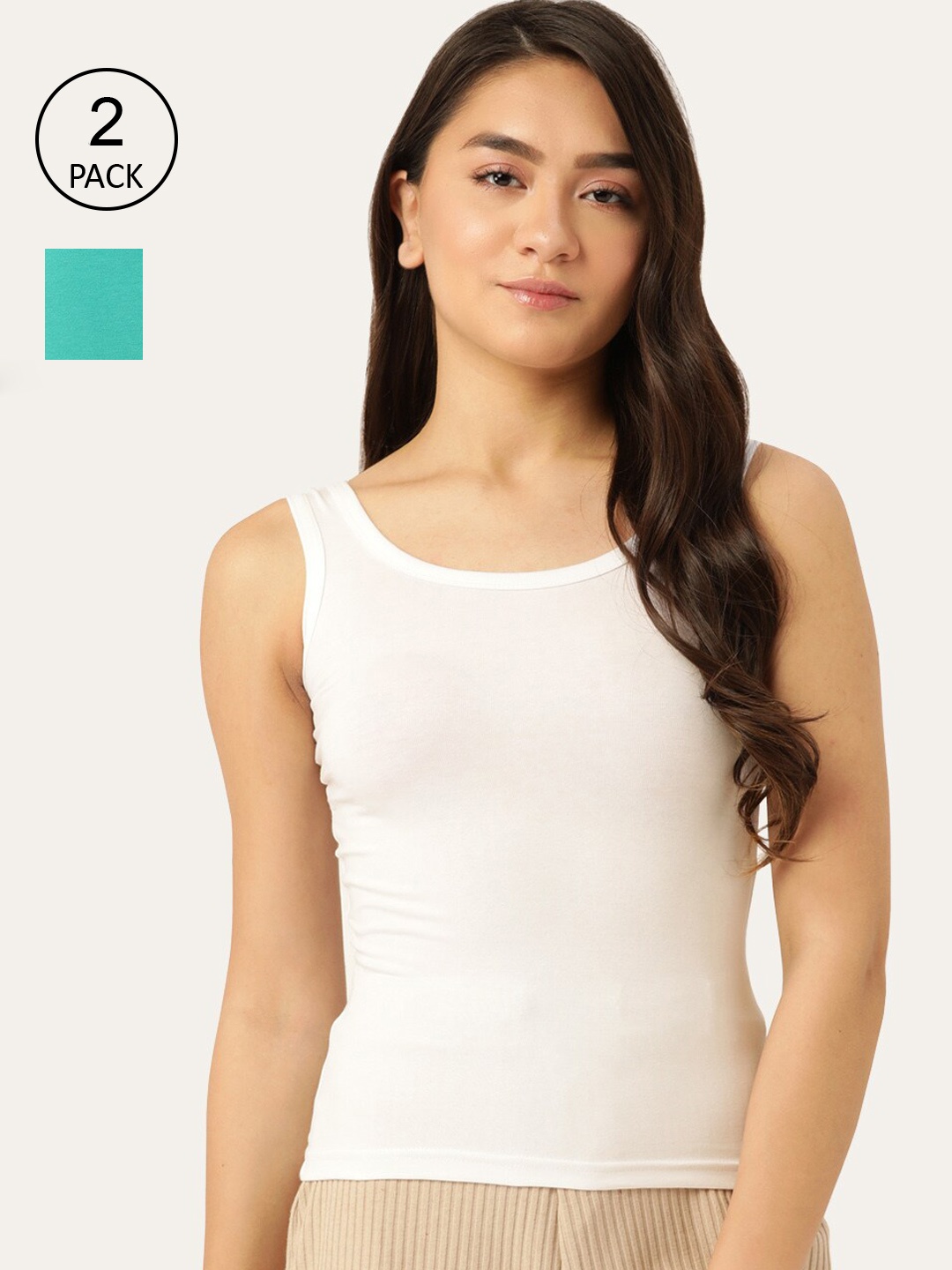 

Lady Lyka Women White & Sea green Pack Of 2 Solid Cotton Camisoles