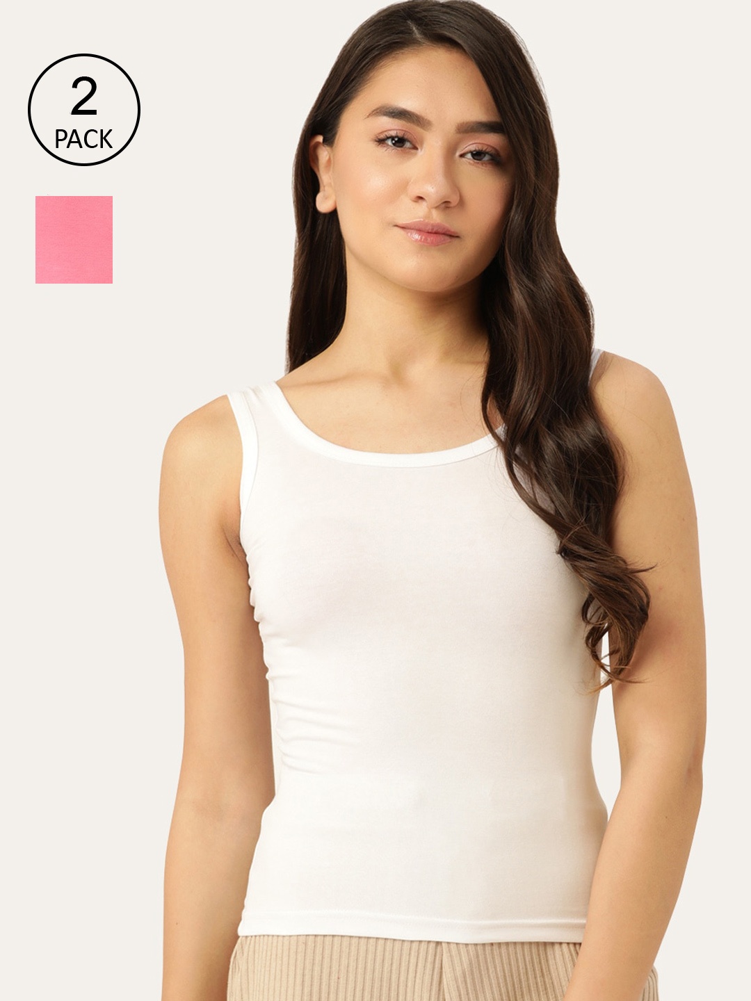

Lady Lyka Women White & Pink Pack of 2 Solid Non-Padded Cotton Camisoles