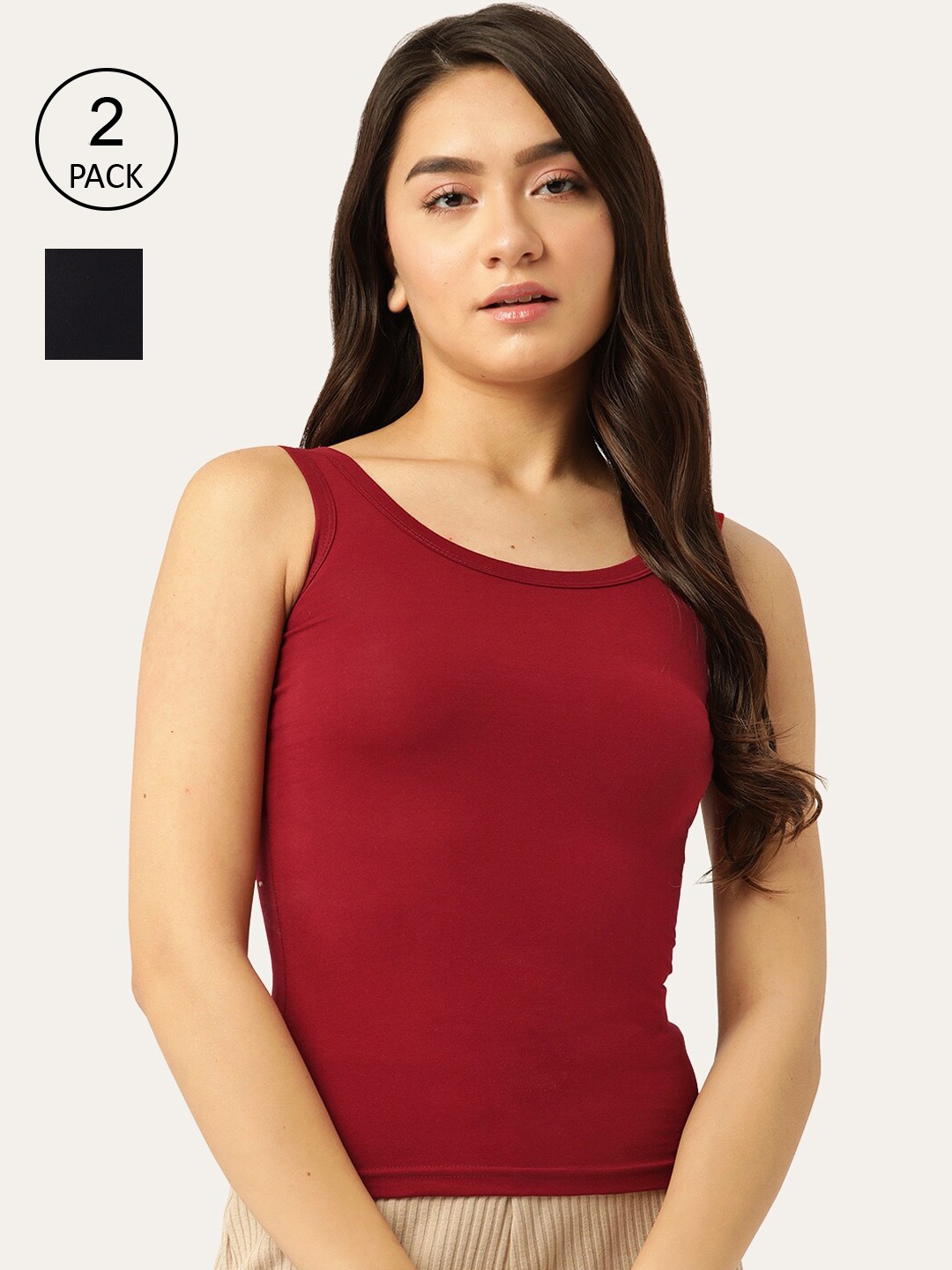 

Lady Lyka Women Maroon & Black Pack of 2 Solid Non-Padded Cotton Camisoles