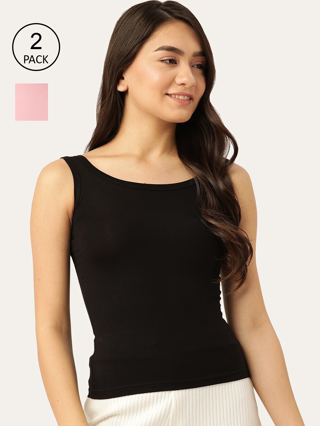 

Lady Lyka Women Pack Of 2 Solid Cotton Camisoles, Black