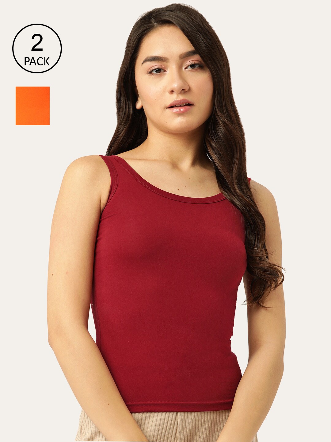 

Lady Lyka Women Maroon & Orange Pack of 2 Solid Cotton Camisoles