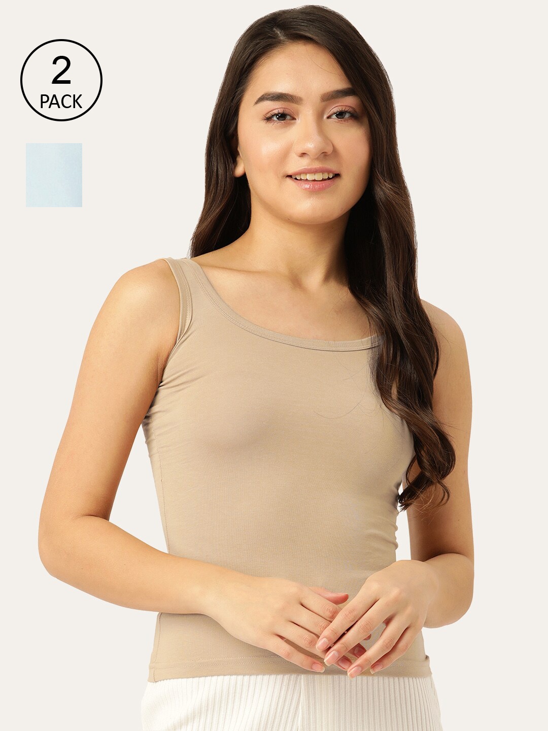 

Lady Lyka Women Beige & Blue Pack Of 2 Solid Cotton Camisoles
