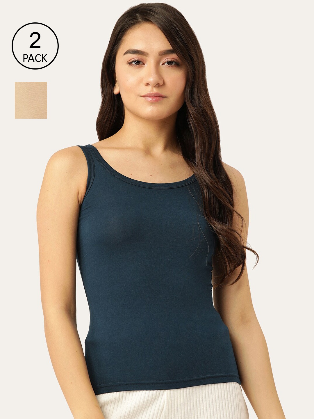 

Lady Lyka Women Blue & Beige Pack of 2 Solid Cotton Camisoles
