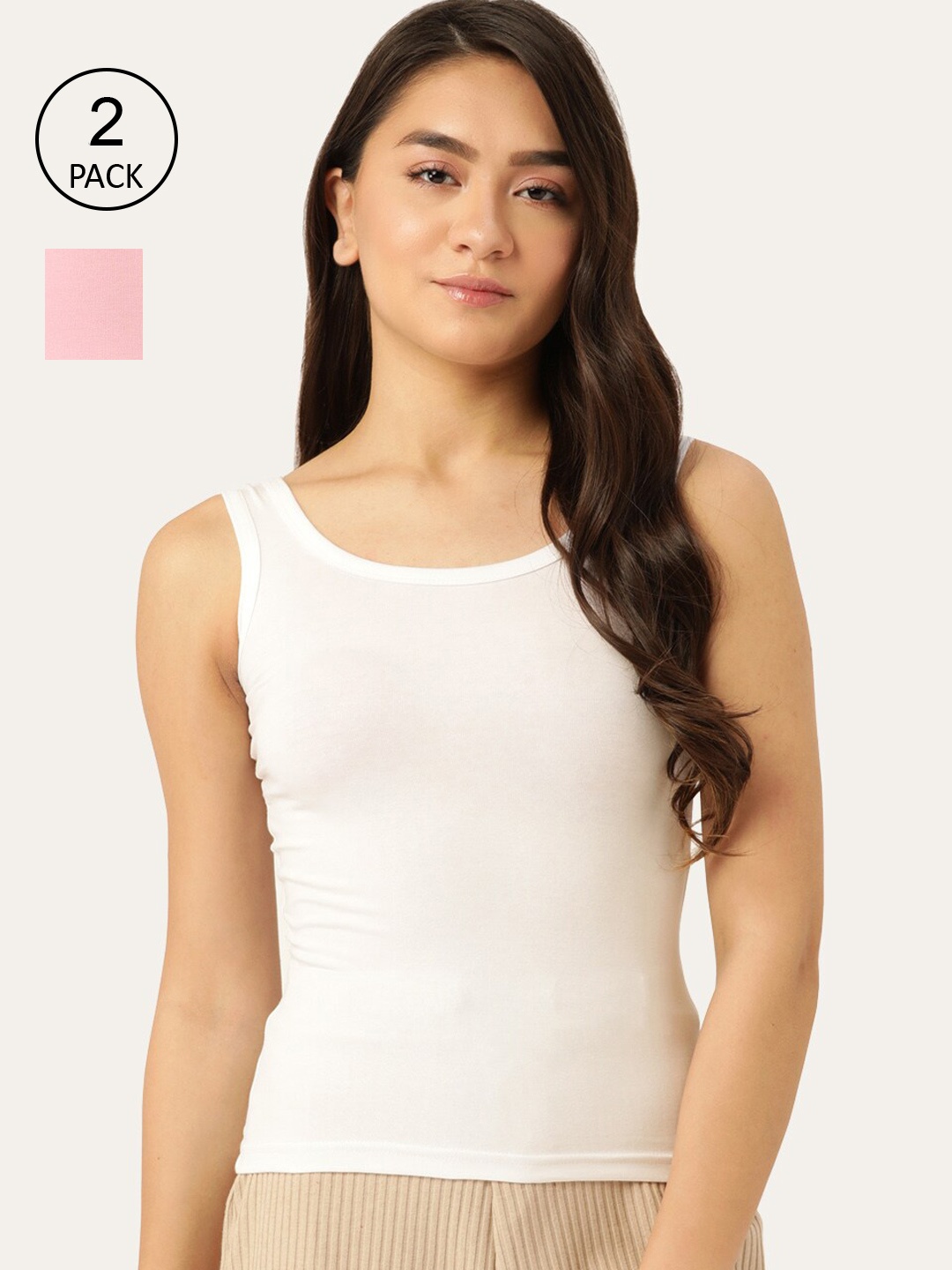 

Lady Lyka Women White & Pink Pack Of 2 Solid Cotton Camisoles