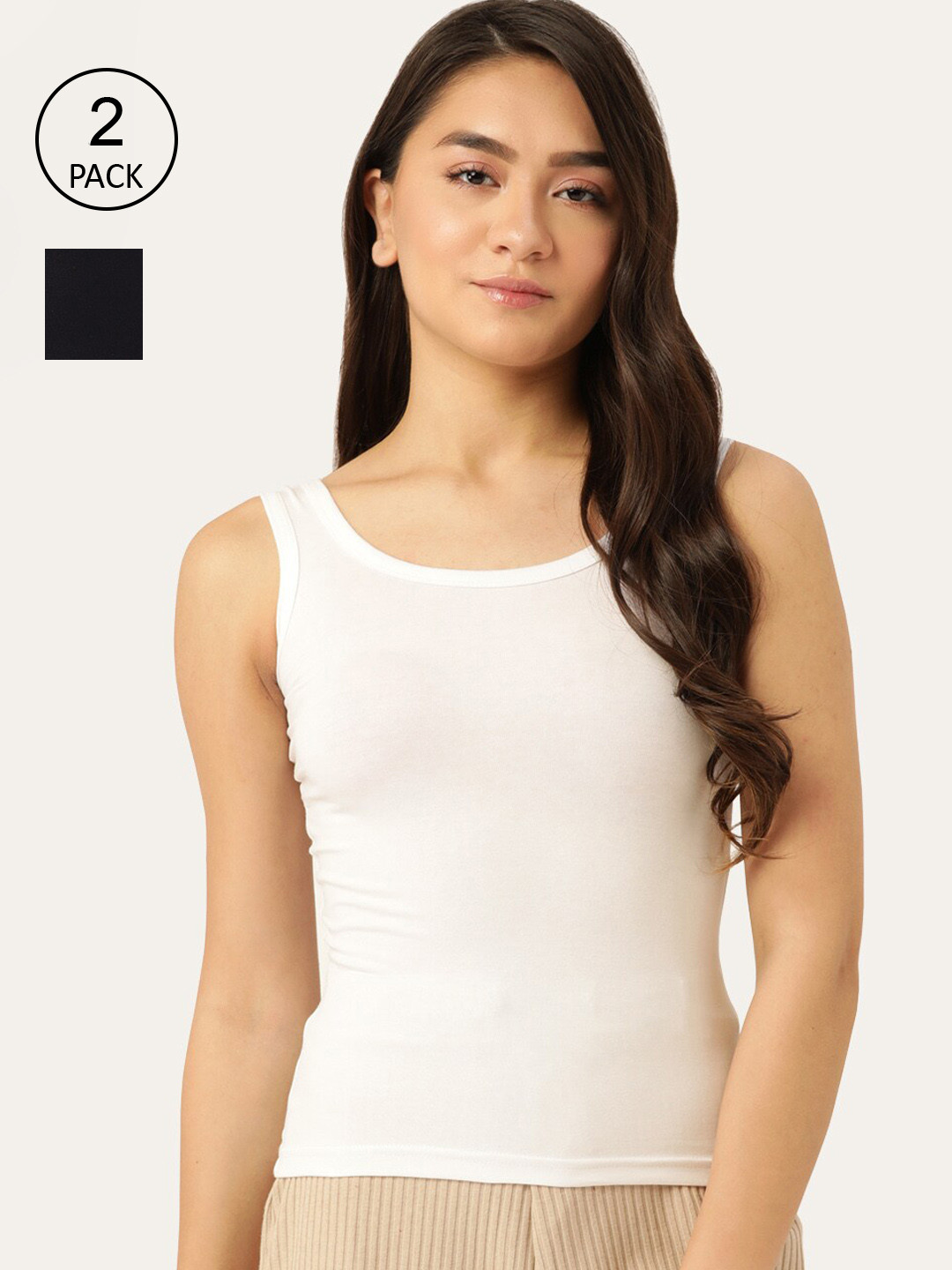 

Lady Lyka Women White & Black Pack Of 2 Solid Cotton Camisoles