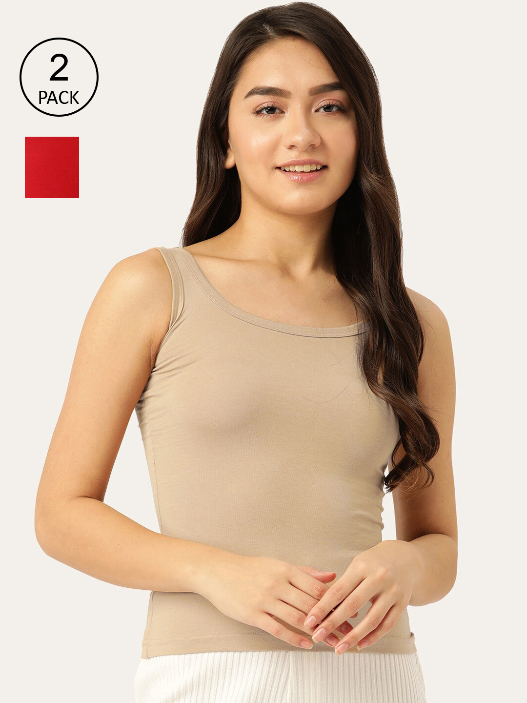 

Lady Lyka Women Pack of 2 Solid Cotton Camisoles, Camel brown