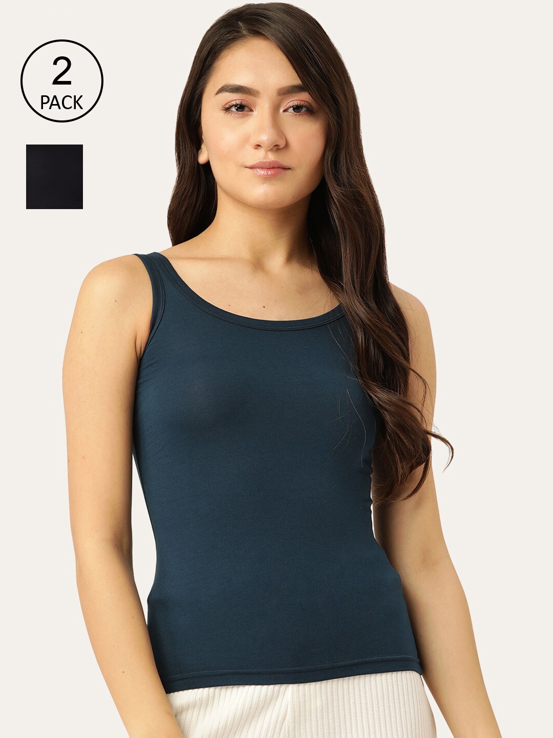 

Lady Lyka Women Blue & Black Pack of 2 Solid Cotton Camisoles
