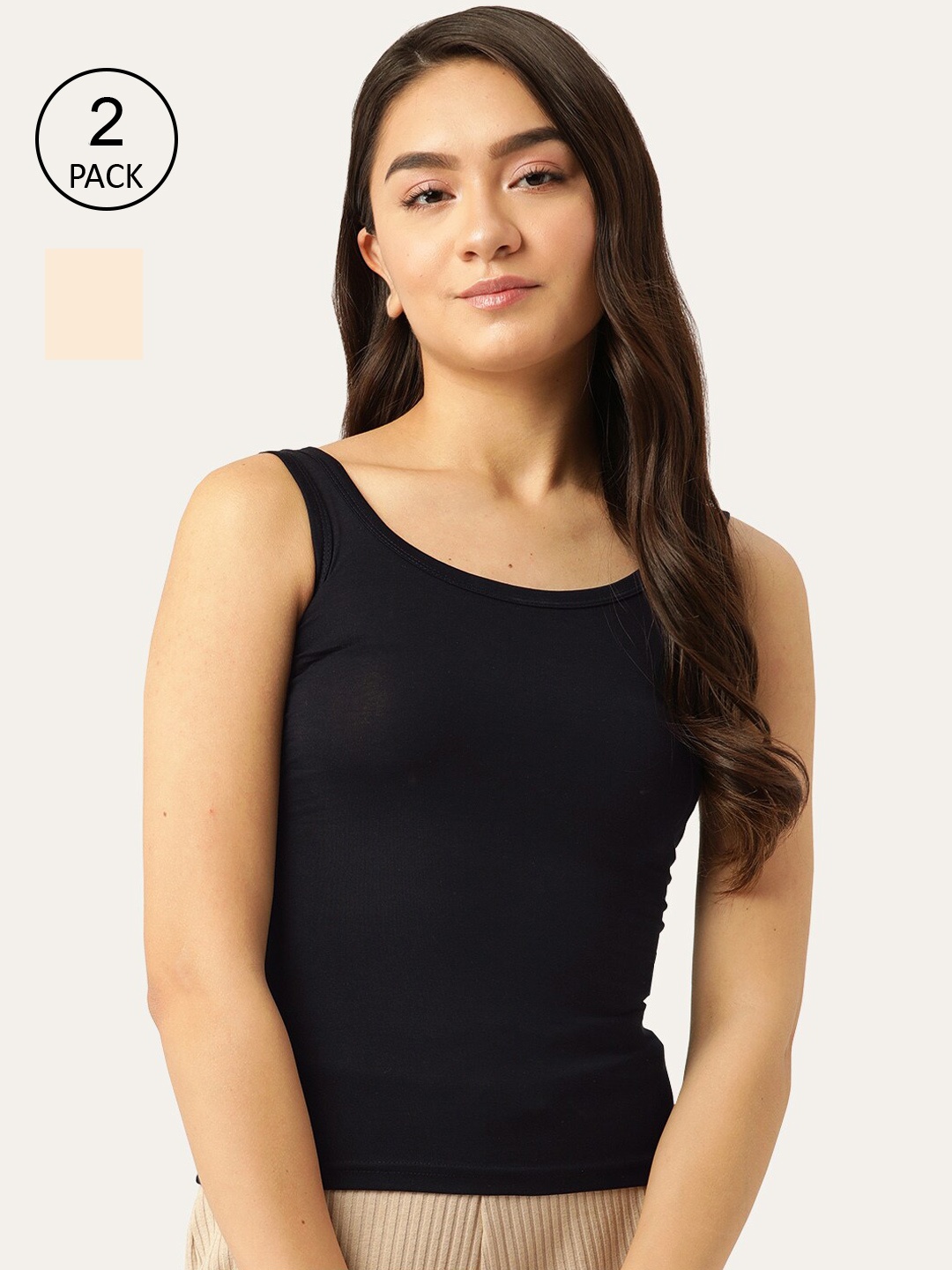 

Lady Lyka Women Navy Blue & Beige Pack of 2 Solid Non-Padded Cotton Camisoles
