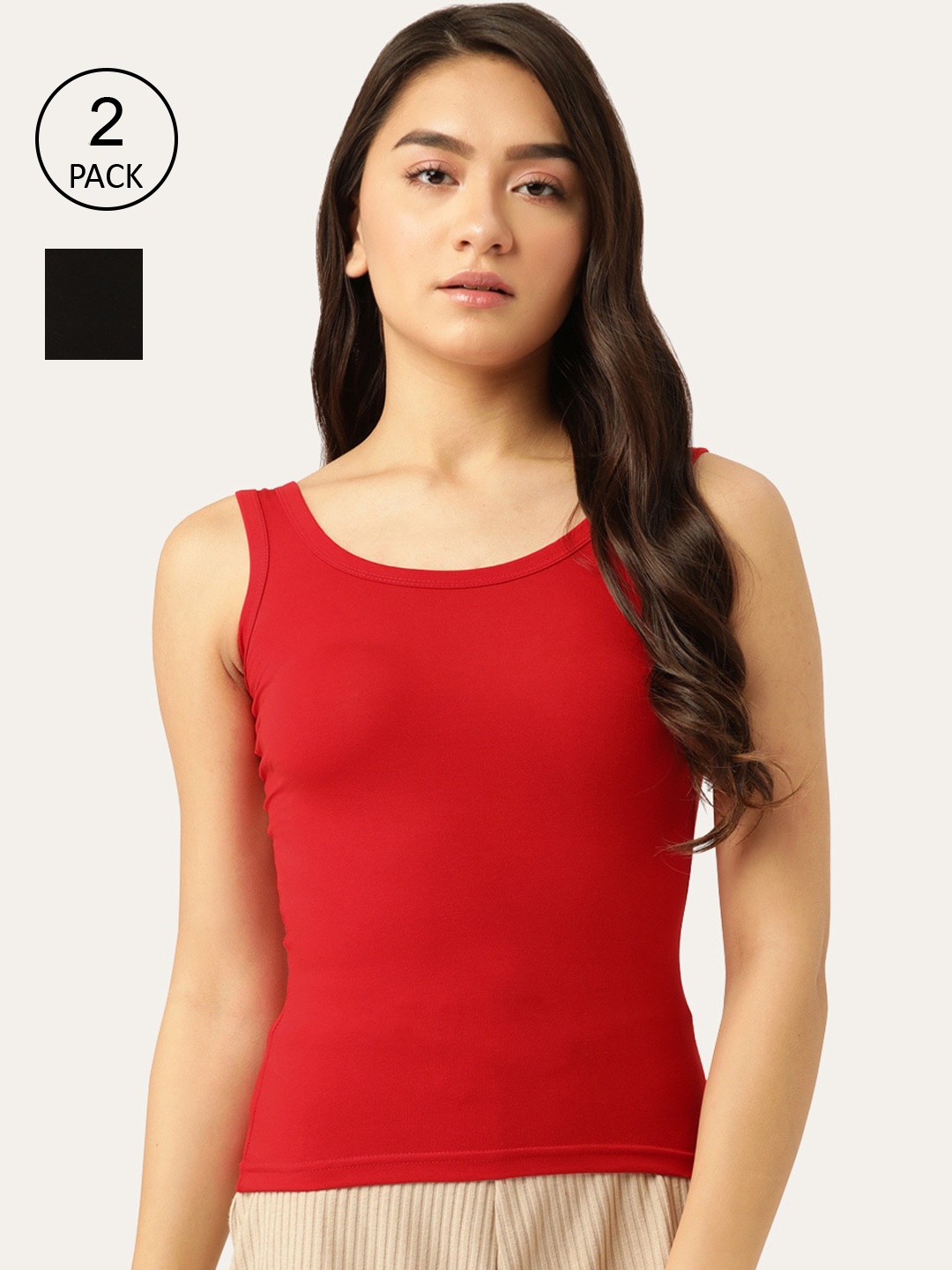 

Lady Lyka Women Red & Black Pack Of 2 Solid Cotton Camisoles