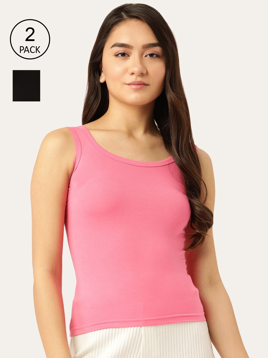 

Lady Lyka Women Pink & Black Pack Of 2 Solid Cotton Camisoles
