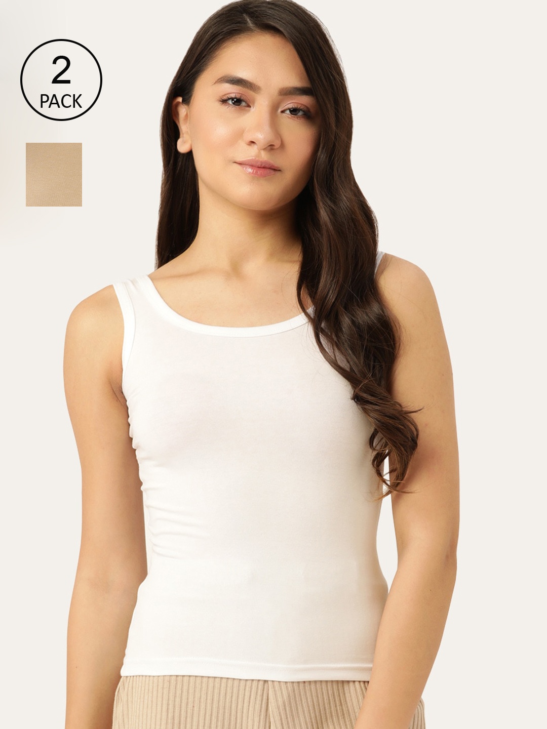 

Lady Lyka Women White & Beige Pack of 2 Solid Cotton Camisole
