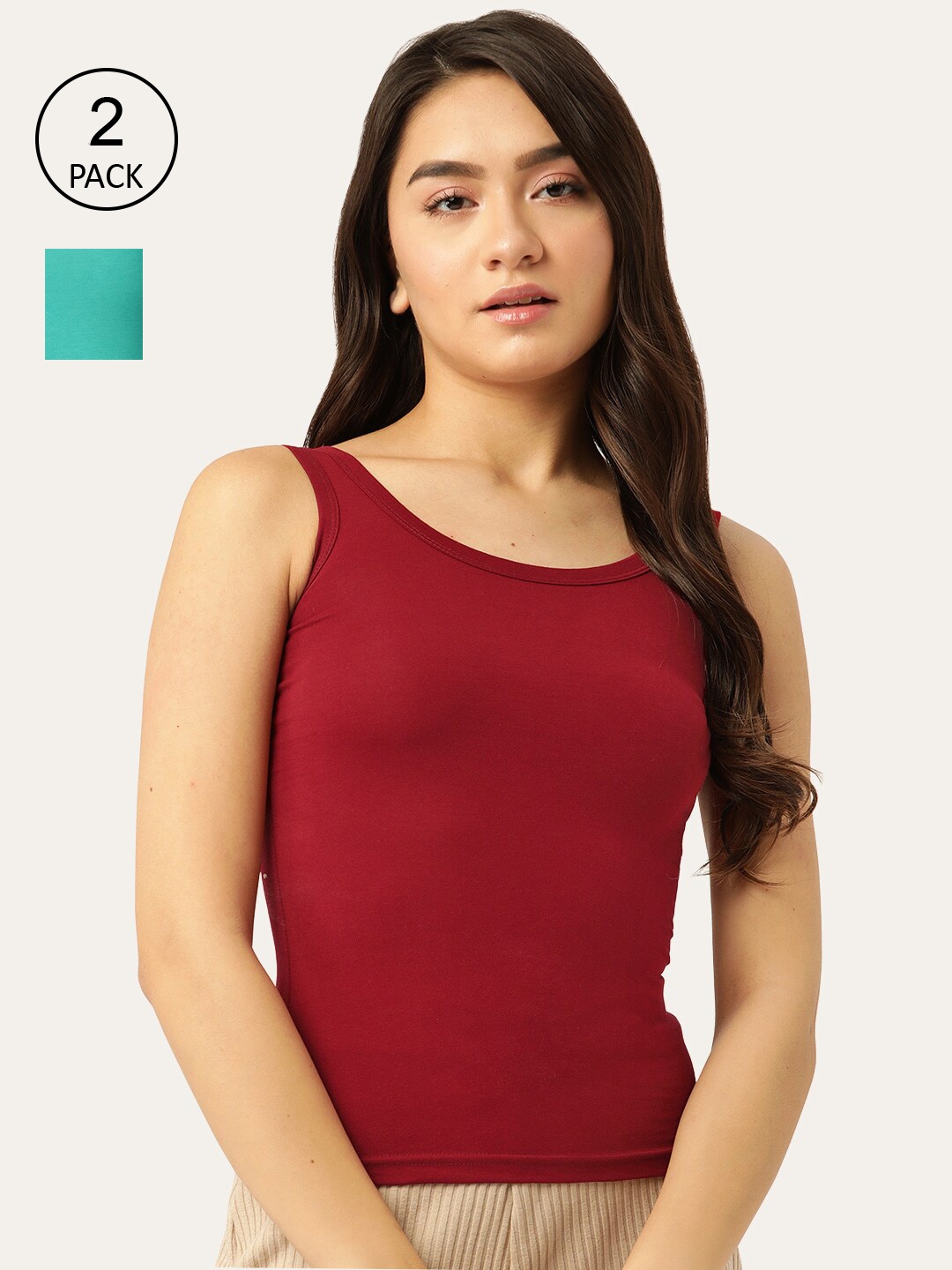 

Lady Lyka Women Maroon & Green Pack Of 2 Solid Cotton Camisoles