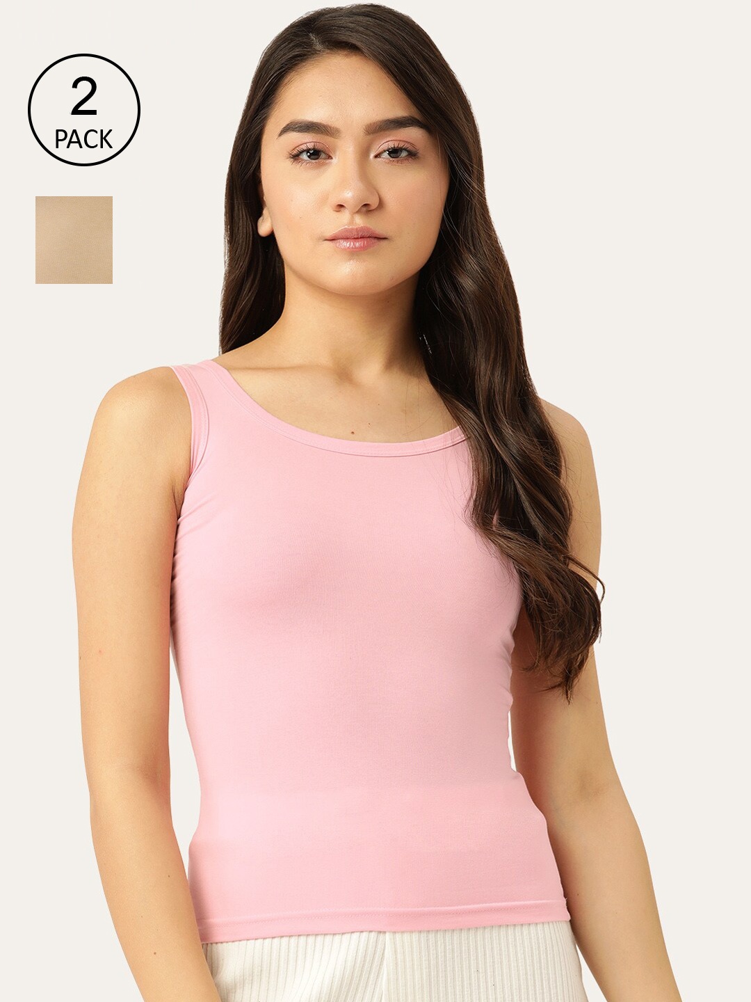 

Lady Lyka Women Pink & Beige Pack Of 2 Solid Cotton Camisoles