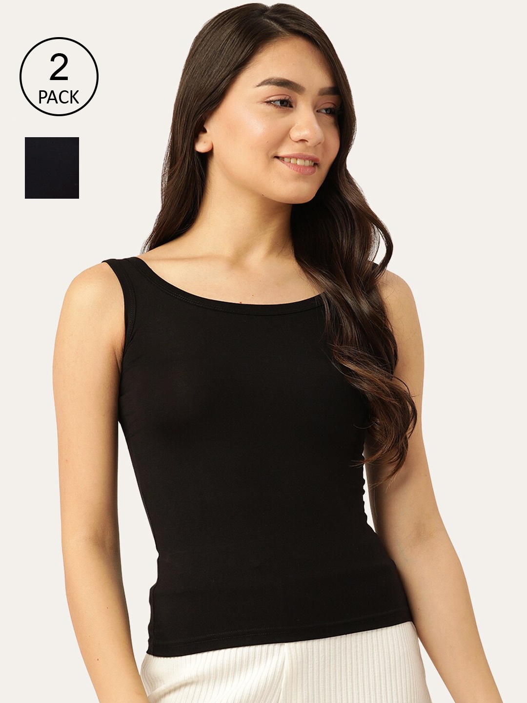 

Lady Lyka Women Black & Navy Blue Pack Of 2 Solid Cotton Camisoles