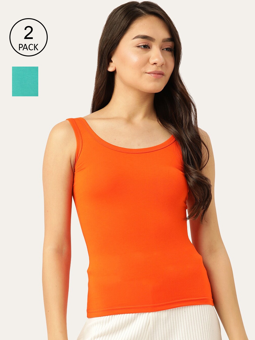 

Lady Lyka Women Orange & Teal Pack Of 2 Solid Cotton Camisoles