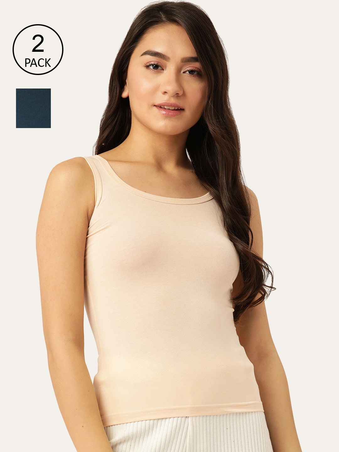

Lady Lyka Women Beige & Blue Pack of 2 Solid Cotton Camisoles