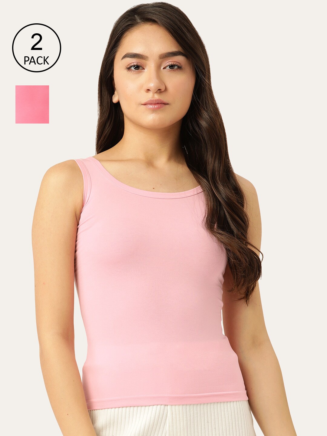 

Lady Lyka Women Pack Of 2 Solid Cotton Camisoles, Pink