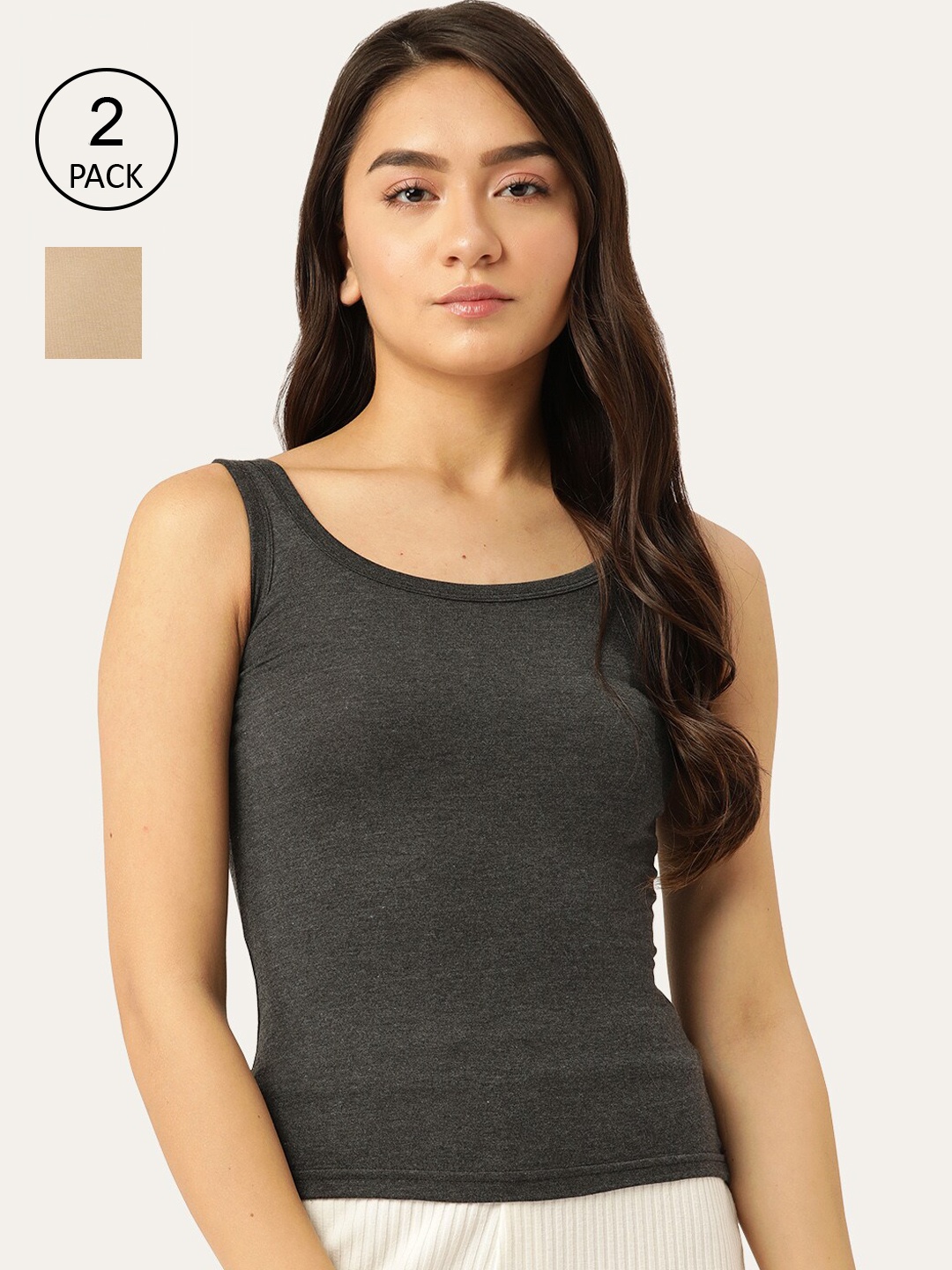 

Lady Lyka Women Charcoal & Beige Pack Of 2 Solid Cotton Camisoles