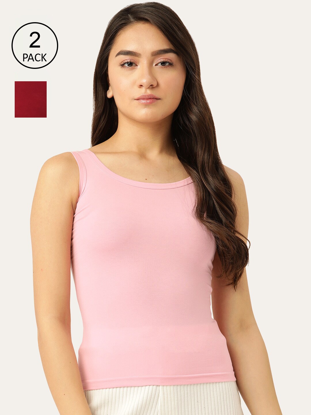 

Lady Lyka Women Pink & Maroon Pack of 2 Solid Non-Padded Cotton Camisoles