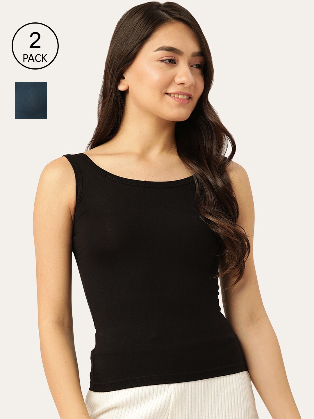 

Lady Lyka Women Navy Blue & Black Pack of 2 Solid Cotton Camisoles