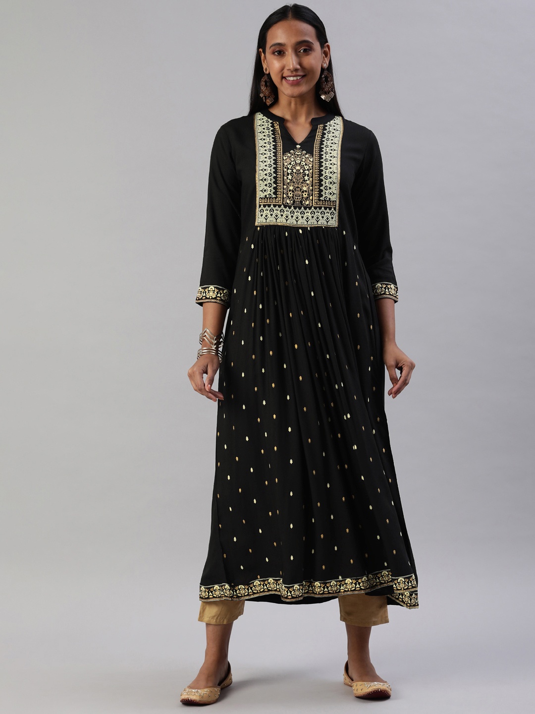 

SANISA Women Black & Yellow Ethnic Motifs Print Kurta