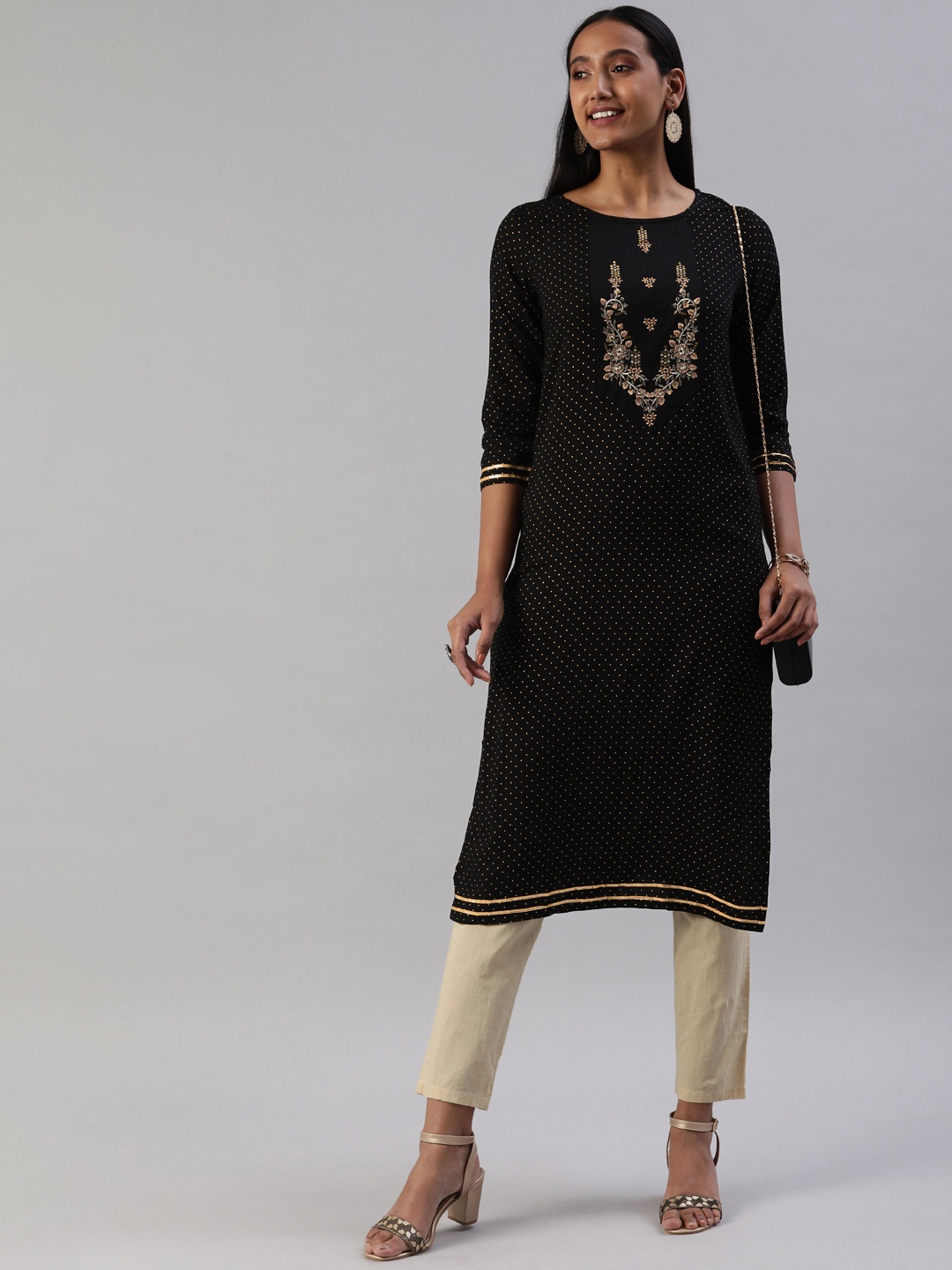 

SANISA Women Black & Peach-Coloured Ethnic Motifs Print Kurta