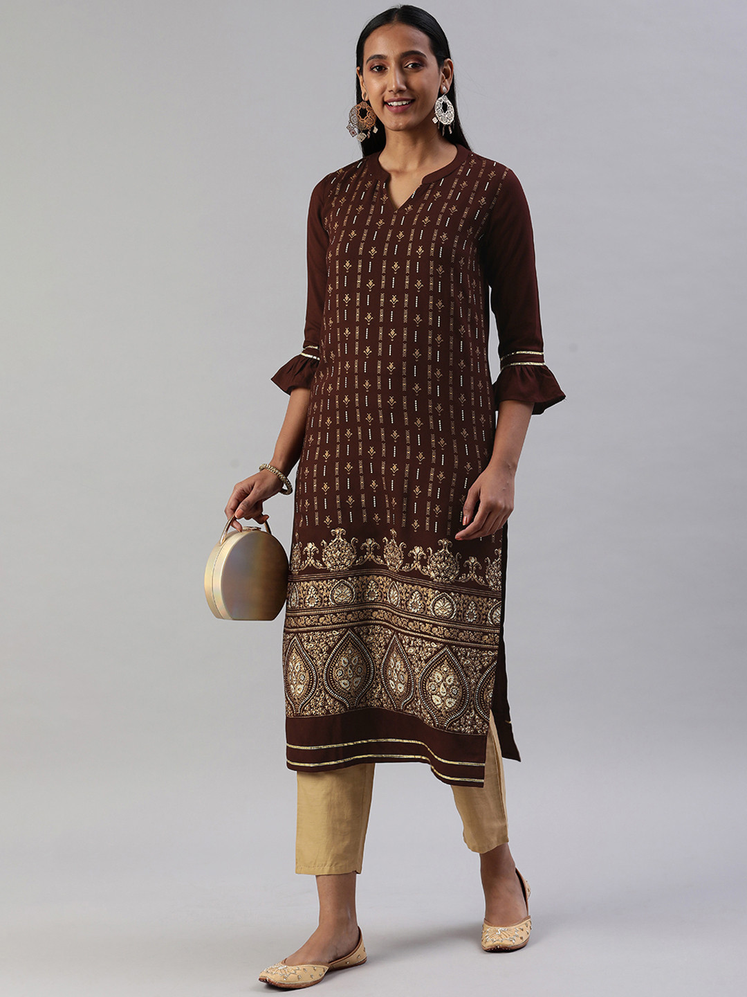 

SANISA Women Maroon & Gold-Toned Ethnic Motifs Print Bell Sleeves Kurta