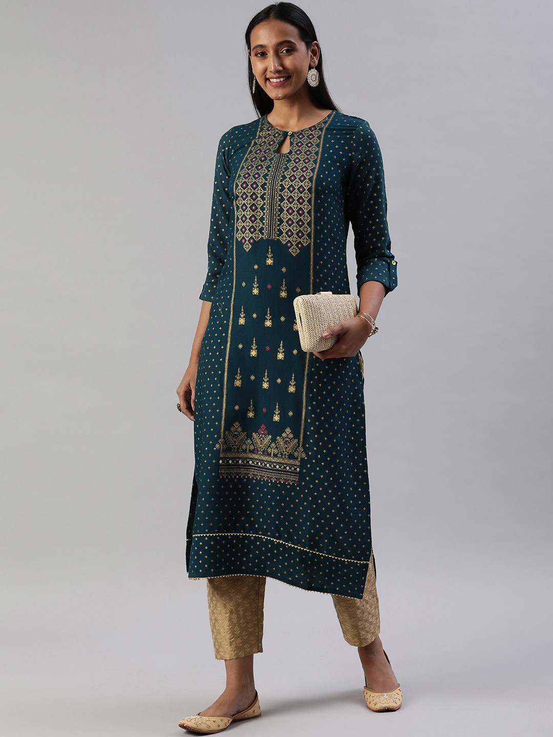 

SANISA Women Navy Blue & Gold-Toned Ethnic Motifs Print Kurta