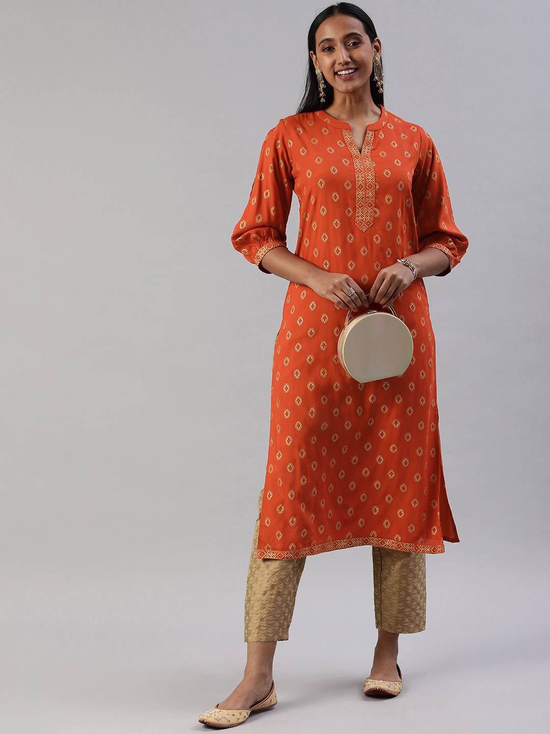 

SANISA Women Orange & Gold-Toned Ethnic Motifs Print Kurta