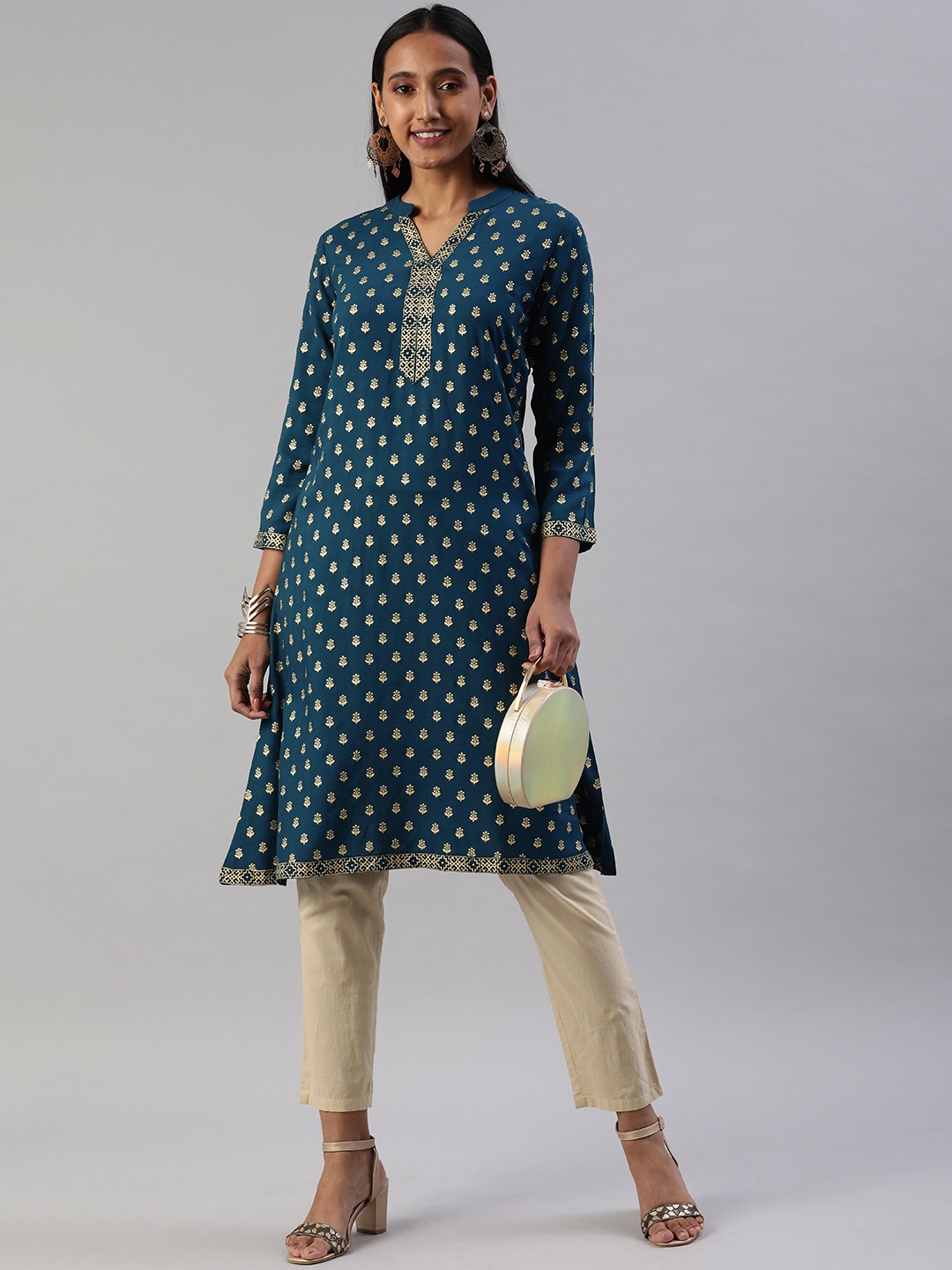 

SANISA Teal & Yellow Floral Print Kurti