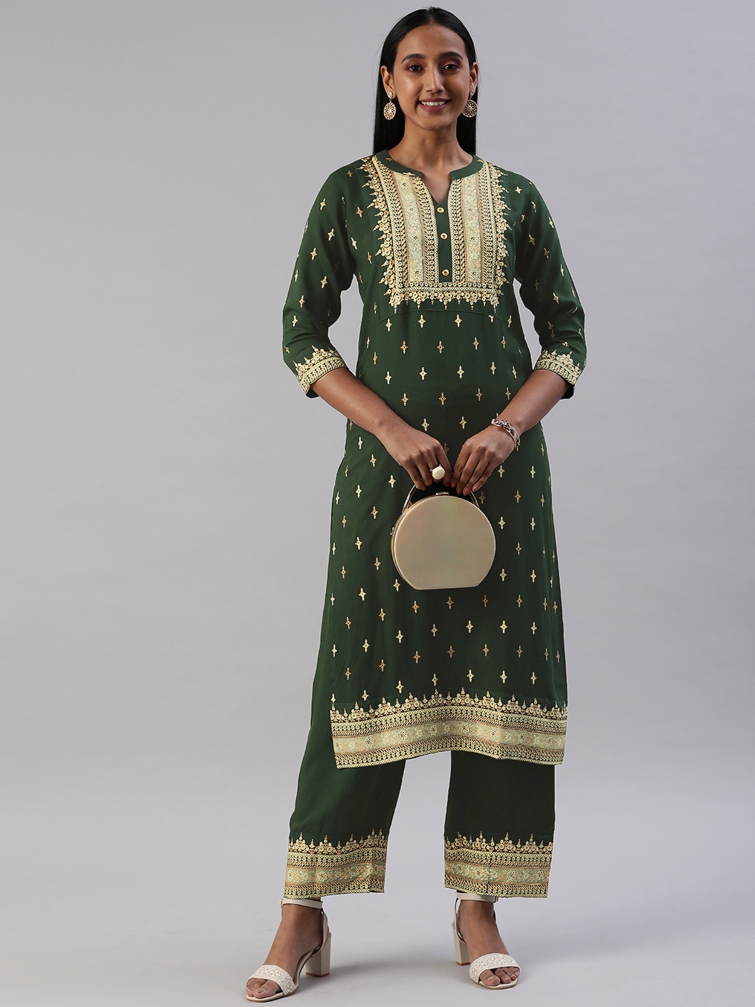 

SANISA Women Green & Yellow Ethnic Motifs Print Kurta with Palazzos