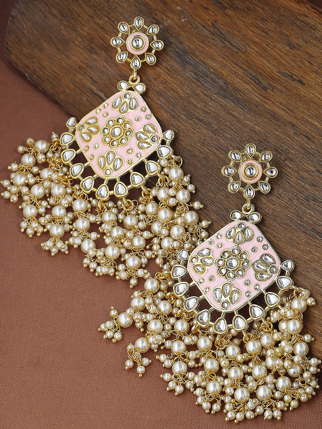 

Shoshaa Pink Gold-Plated Contemporary Kundan Drop Earrings