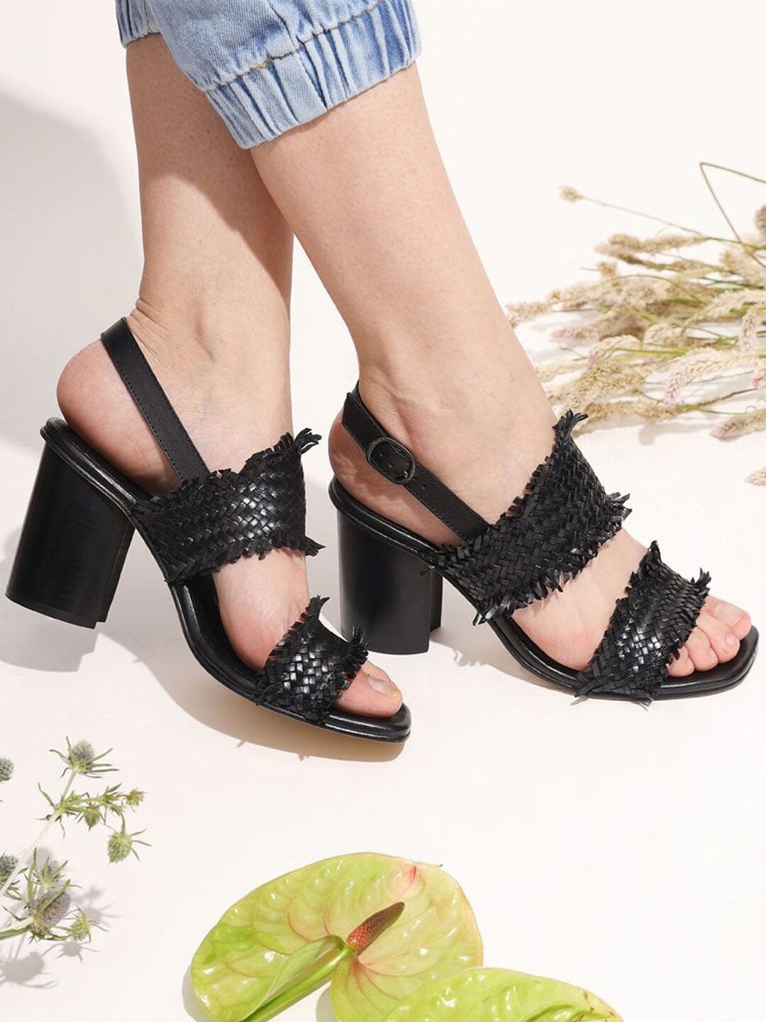 

Saint G Black Woven Design Leather Block Heels