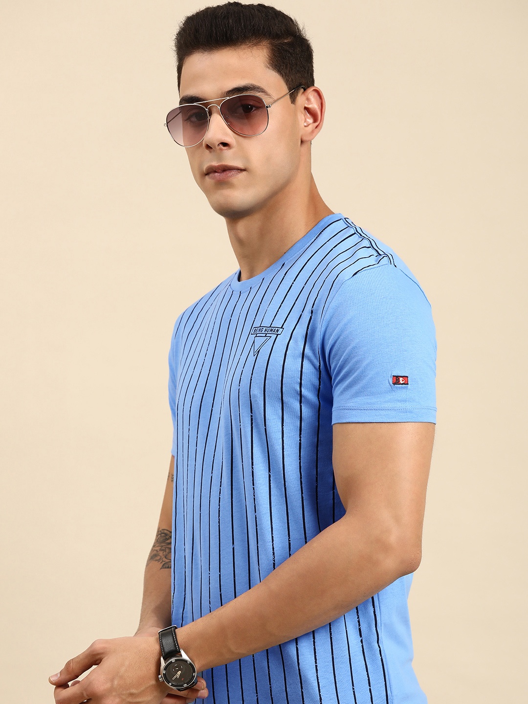 

Being Human Men Blue Striped Pure Cotton T-shirt