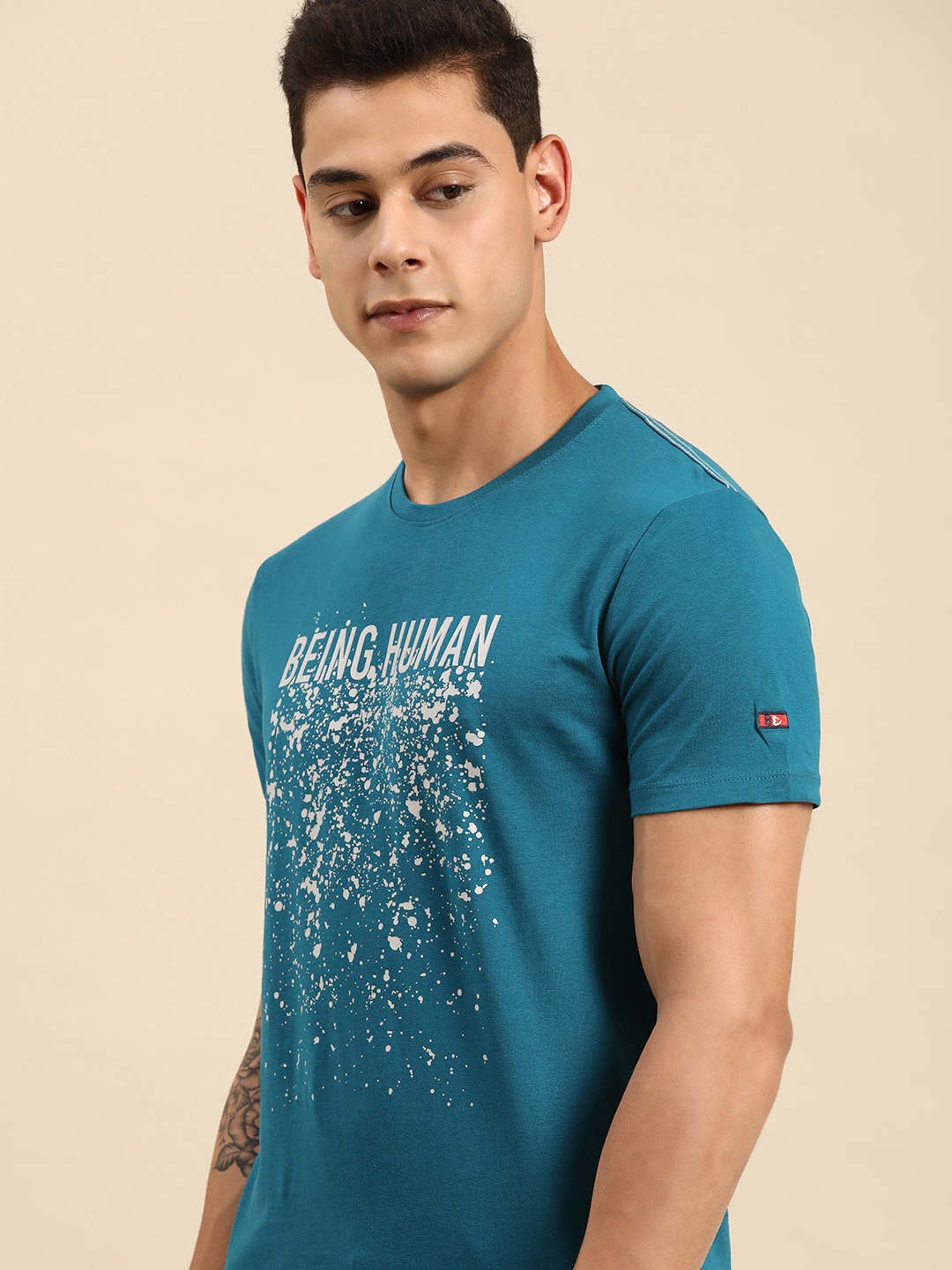 

Being Human Men Teal Blue Brand Logo Printed Pure Cotton T-shirt