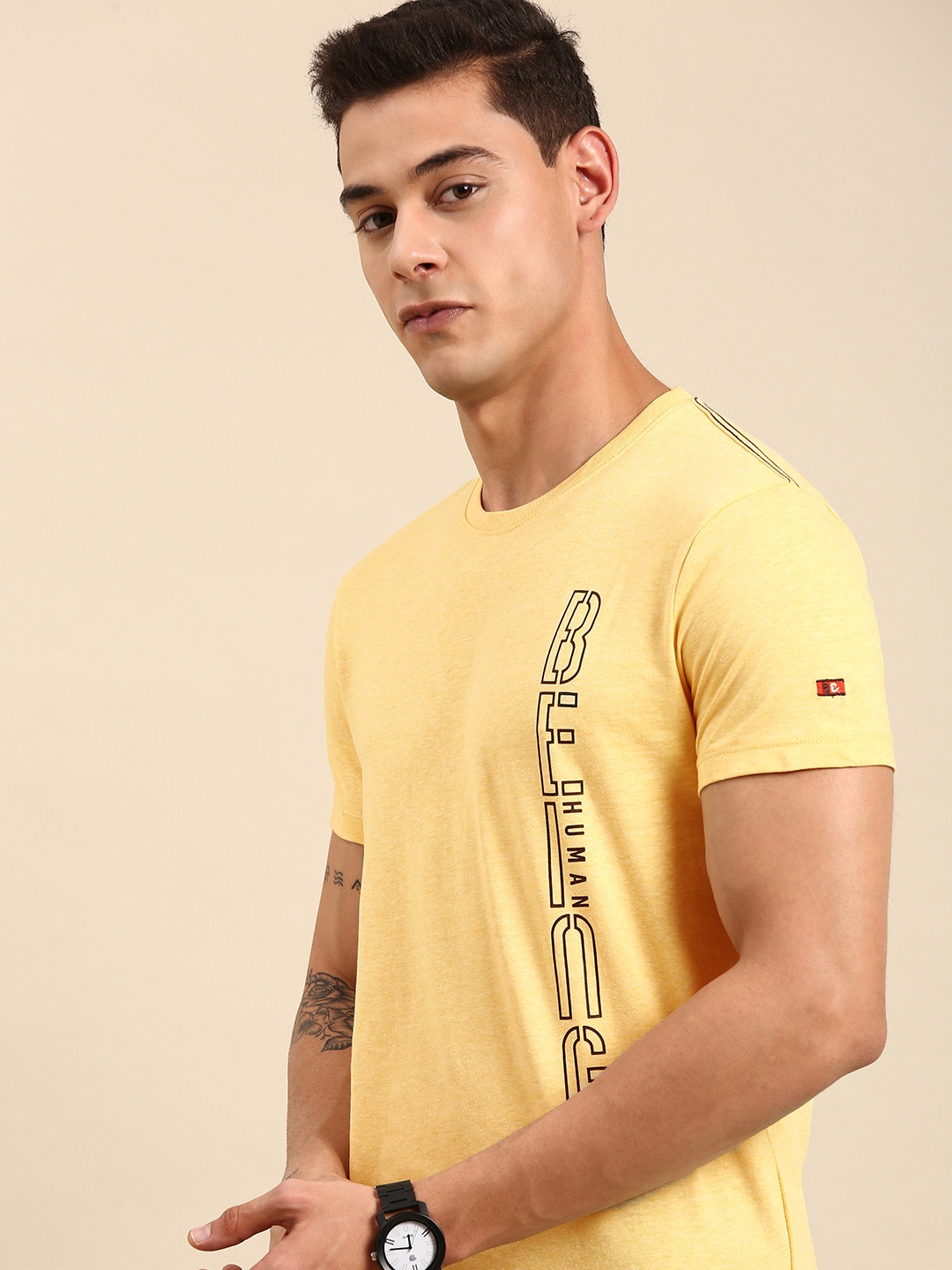 

Being Human Men Yellow & Brown Typography Printed Casual T-shirt