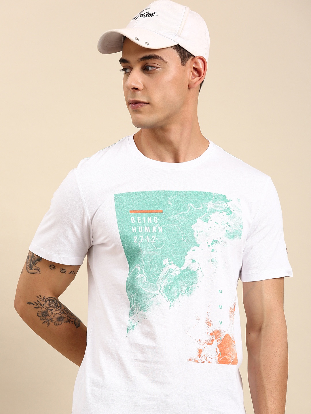 

Being Human Men White & Sea Green Graphic Printed Casual T-shirt