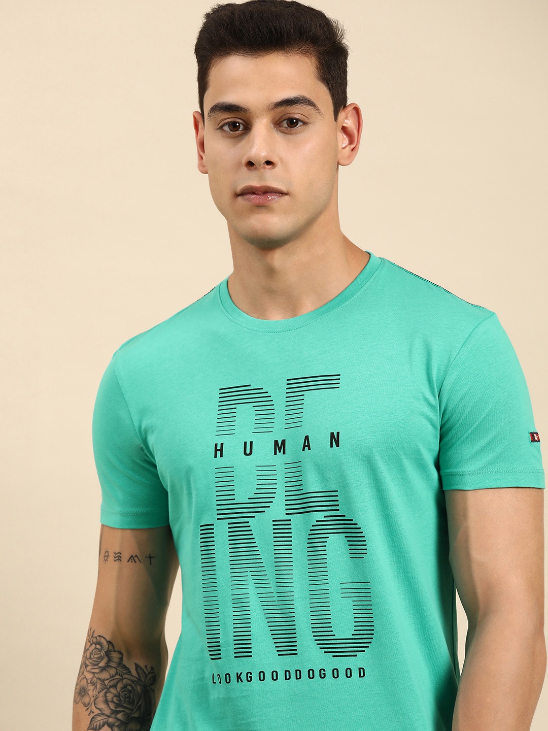 

Being Human Men Turquoise Blue Brand Logo Printed Pure Cotton T-shirt