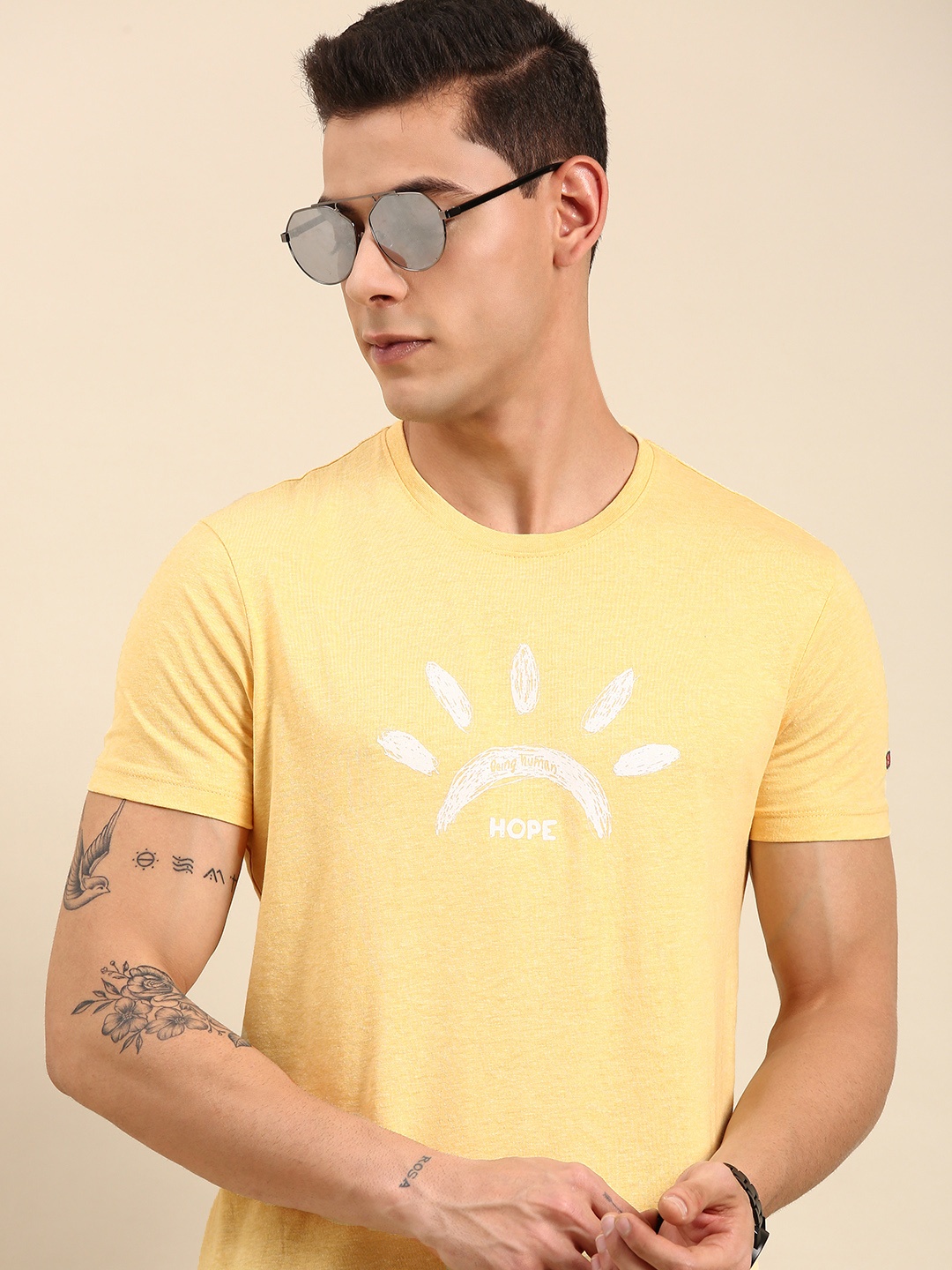 

Being Human Men Yellow & Off White Graphic Printed Casual T-shirt