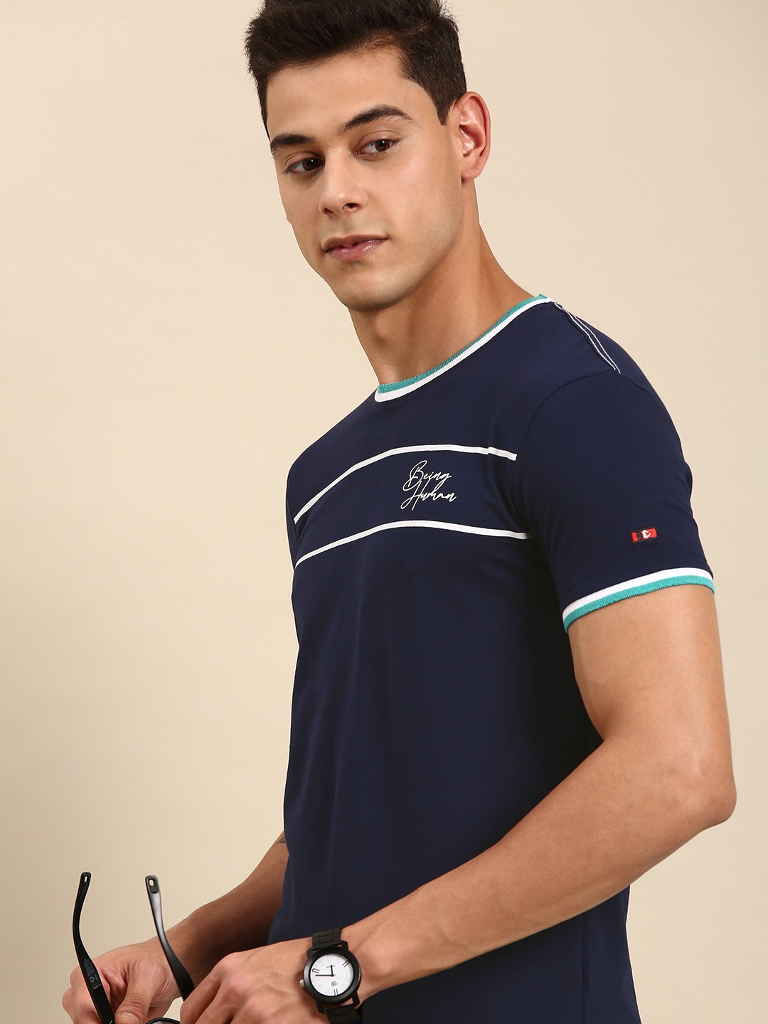 

Being Human Men Navy Blue & Off White Colourblocked Casual T-shirt