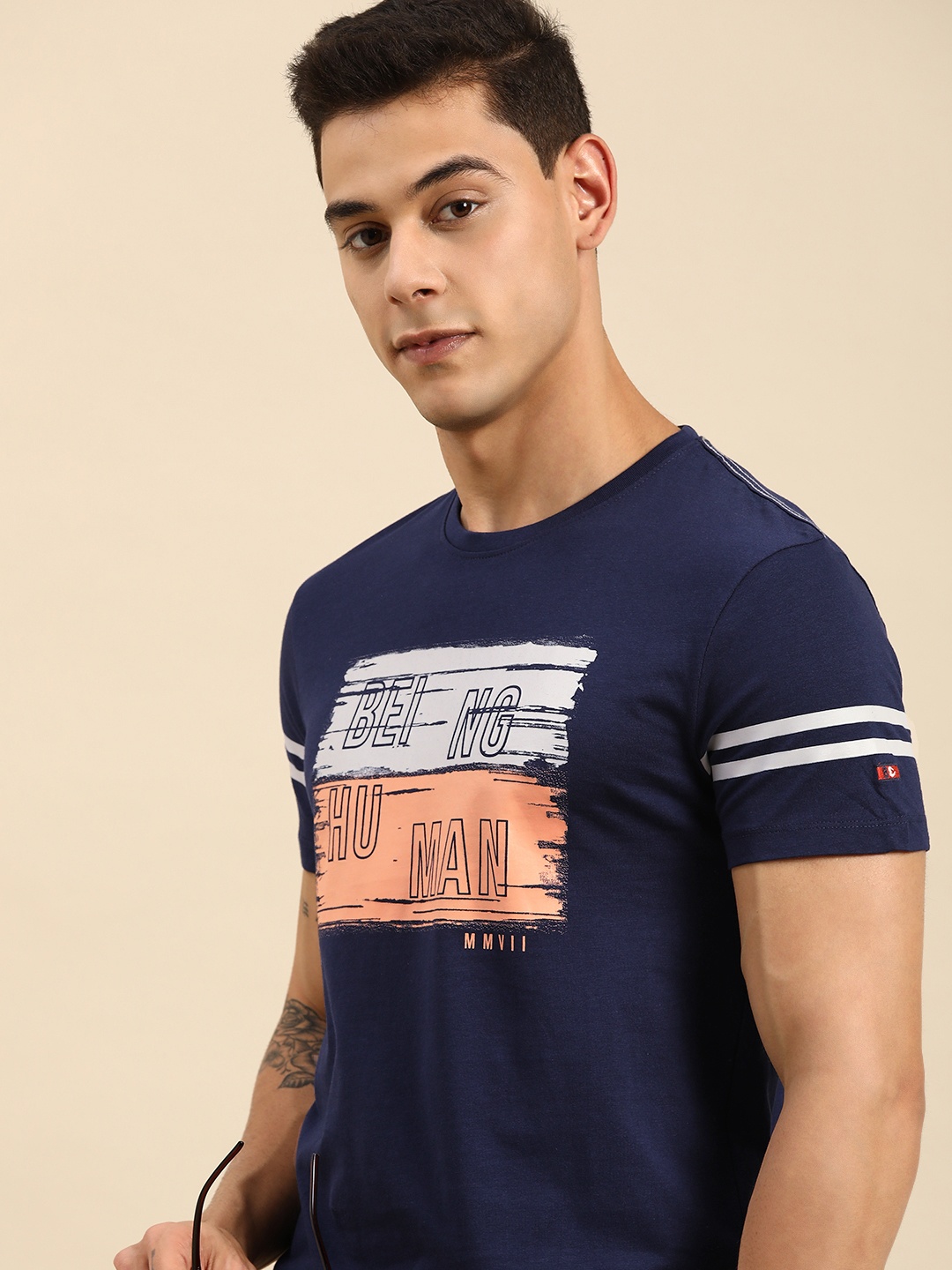 

Being Human Men Navy Blue Brand Logo Printed Pure Cotton T-shirt