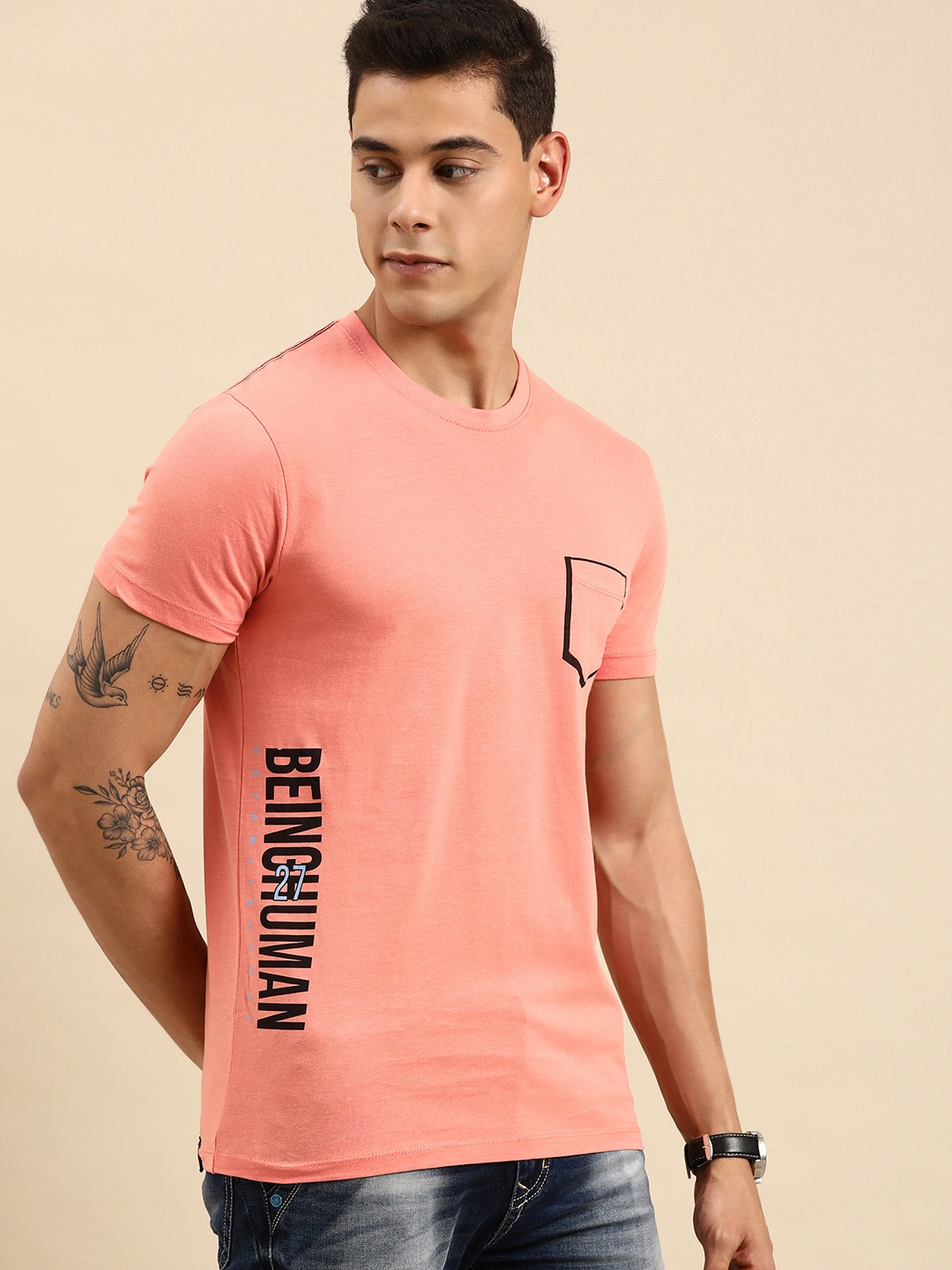 

Being Human Men Coral Pink Print Detail Pure Cotton T-shirt